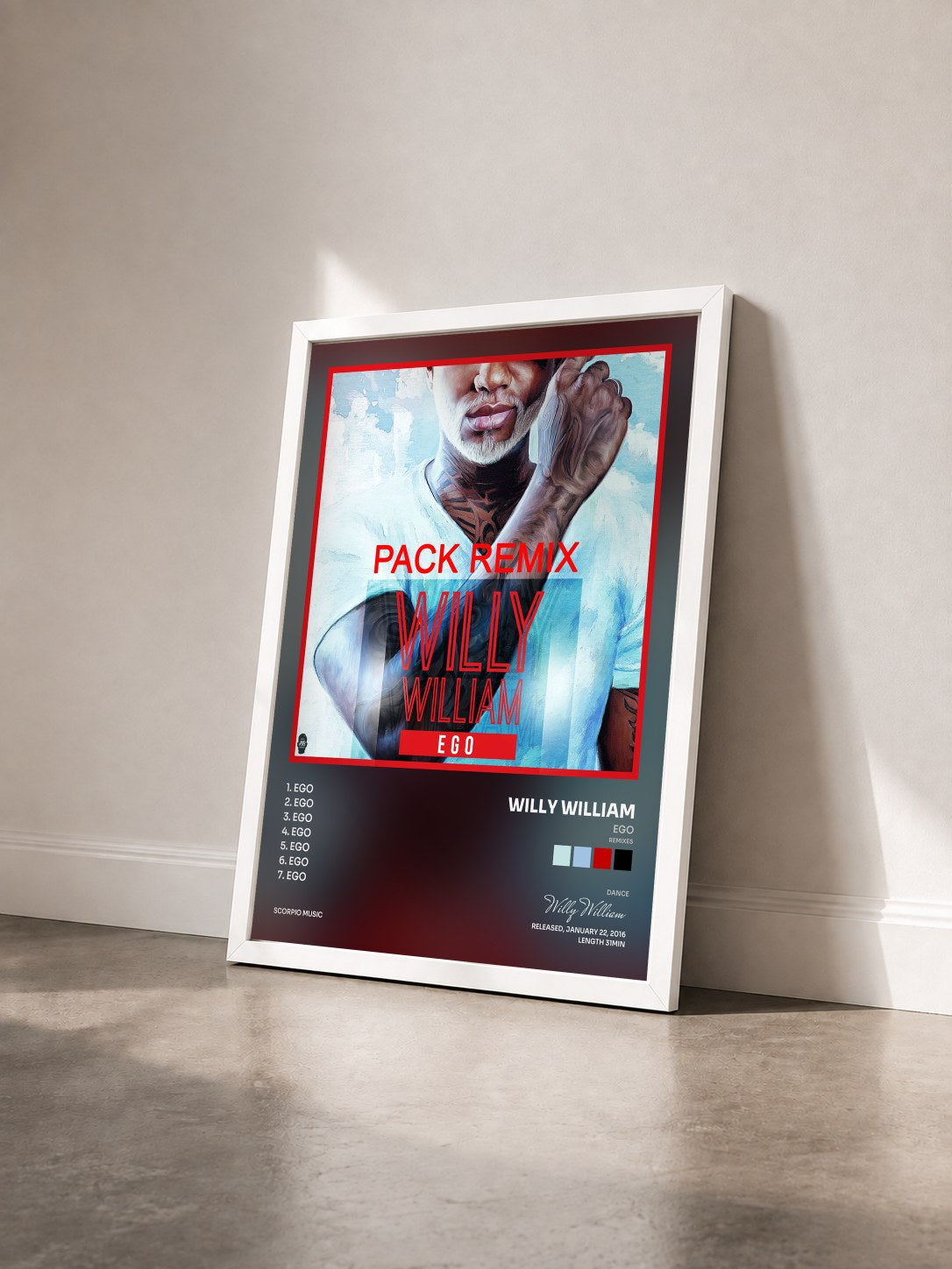 #blanc Tableau de l'album Ego (Remixes) de Willy William vu de trois quarts, cadre blanc