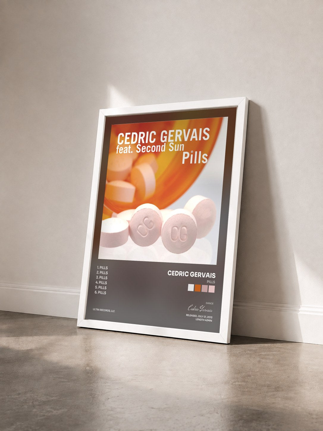 #blanc Tableau de l'album Pills de Cedric Gervais vu de trois quarts, cadre blanc