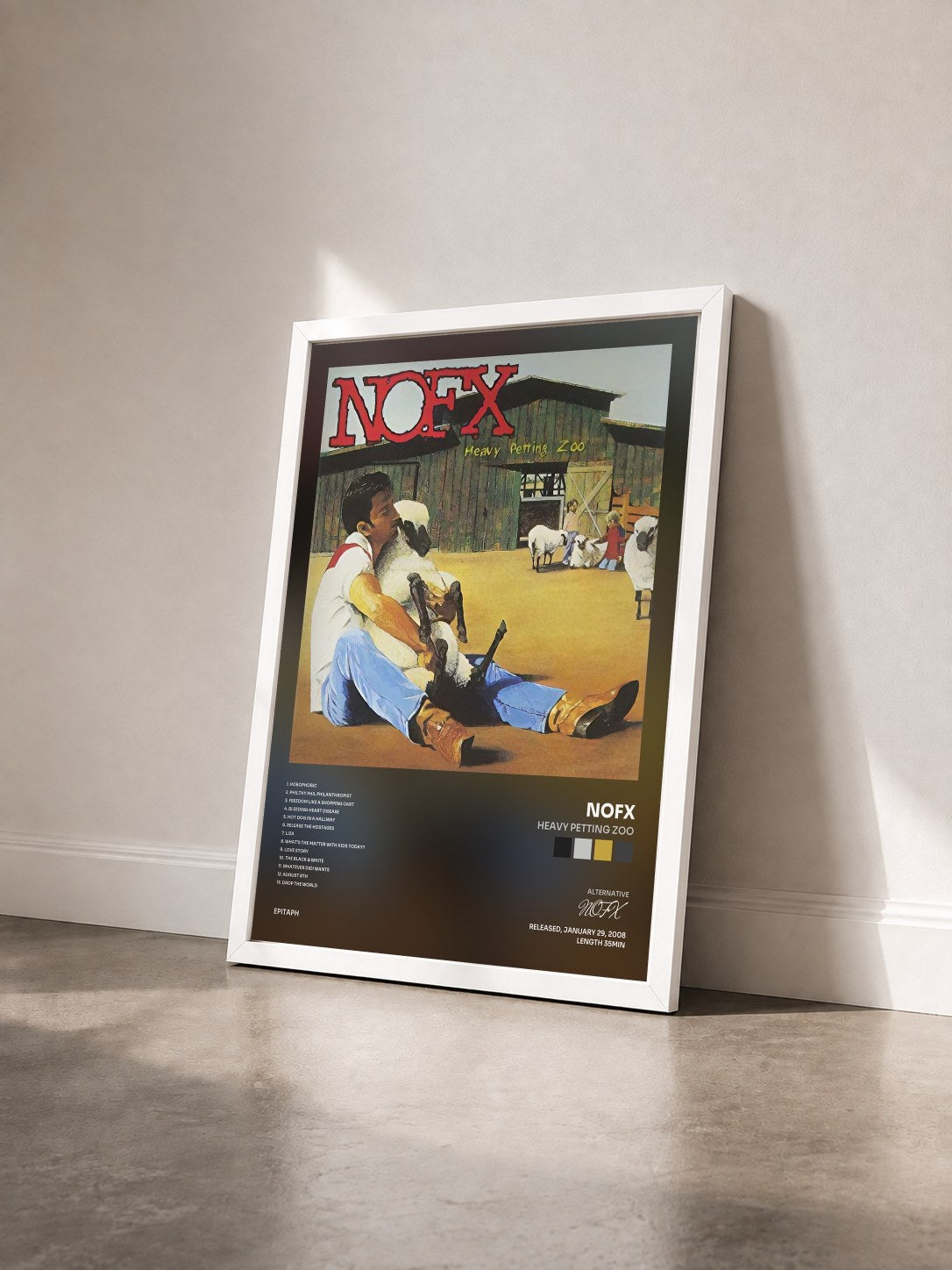 #blanc Tableau de l'album Heavy Petting Zoo de NOFX vu de trois quarts, cadre blanc