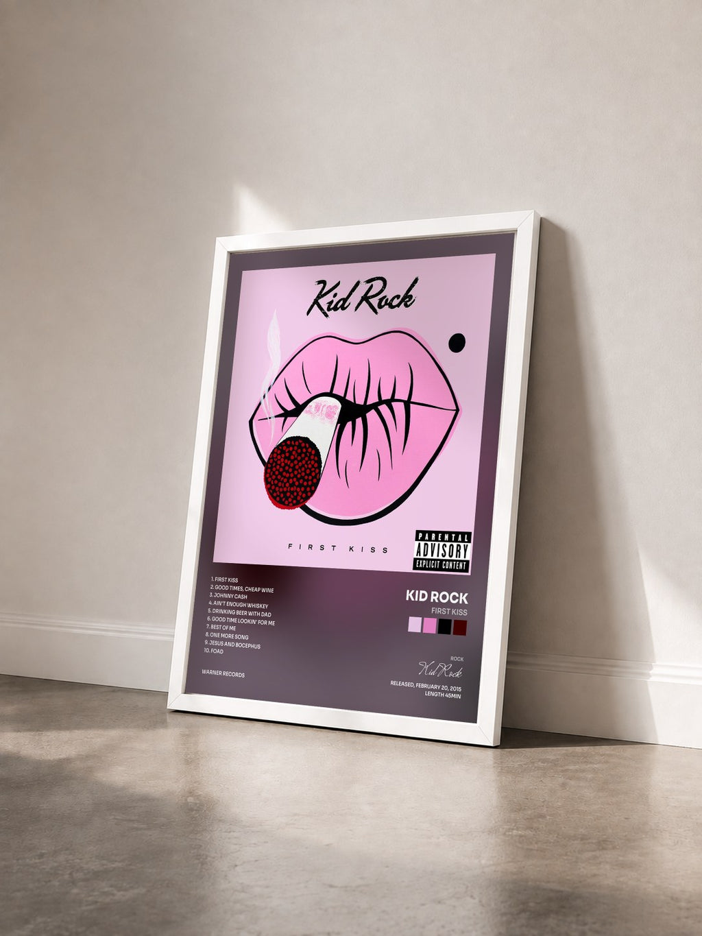 #blanc Tableau de l'album First Kiss de Kid Rock vu de trois quarts, cadre blanc