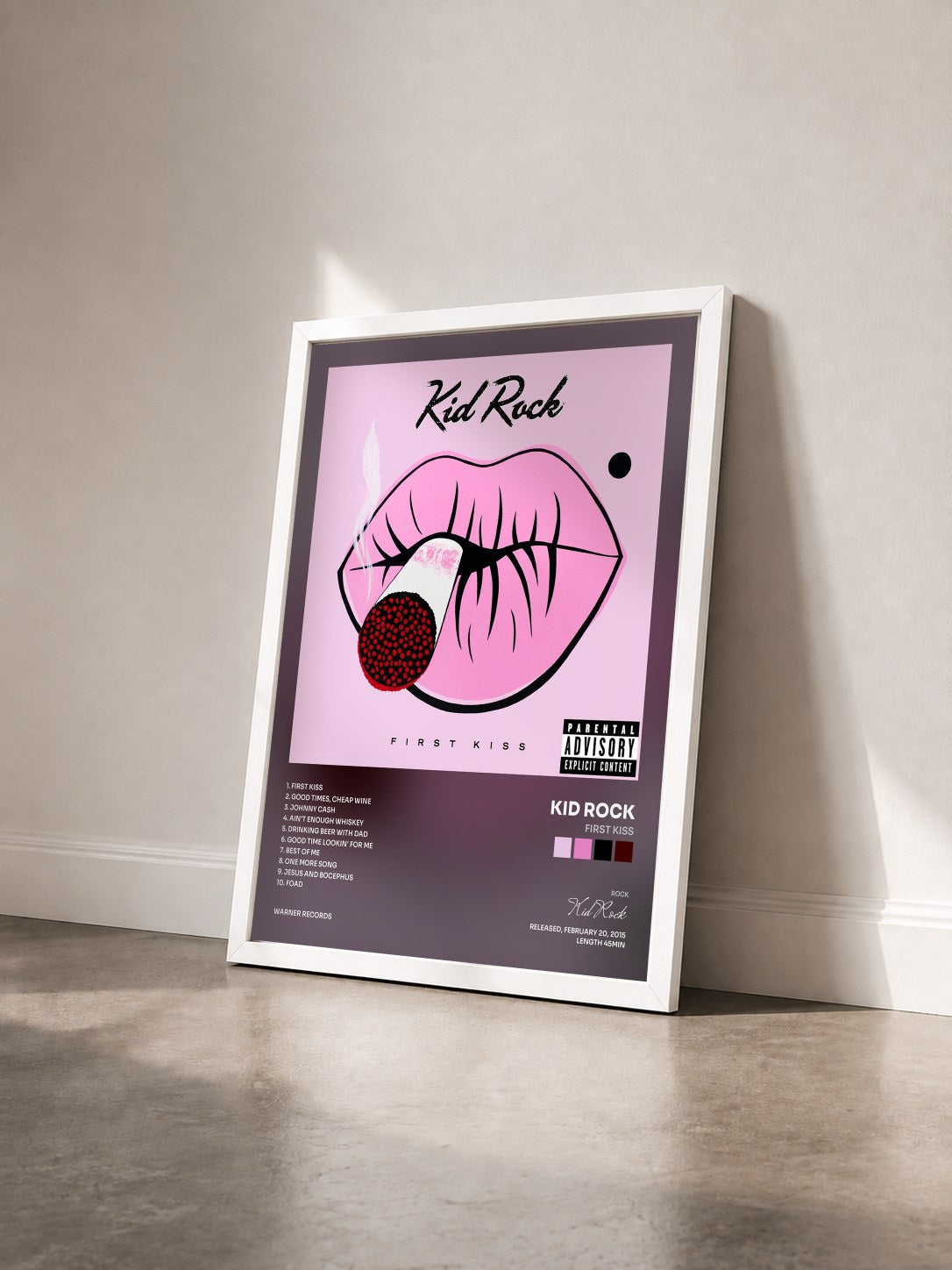 #blanc Tableau de l'album First Kiss de Kid Rock vu de trois quarts, cadre blanc