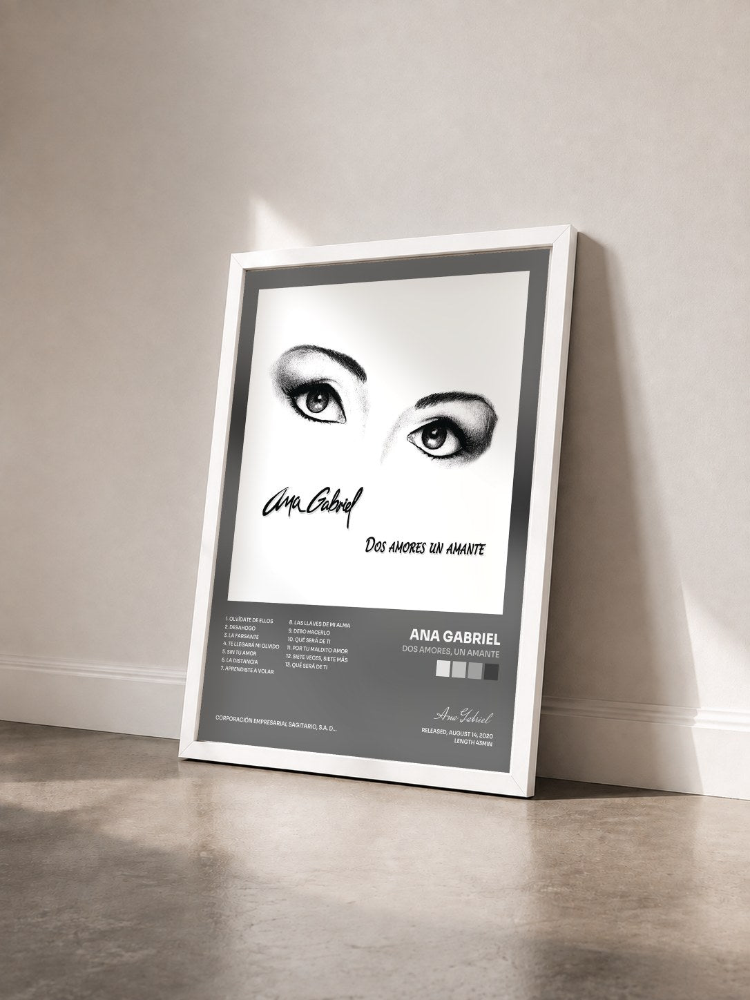 #blanc Tableau de l'album Dos Amores, un Amante de Ana Gabriel vu de trois quarts, cadre blanc