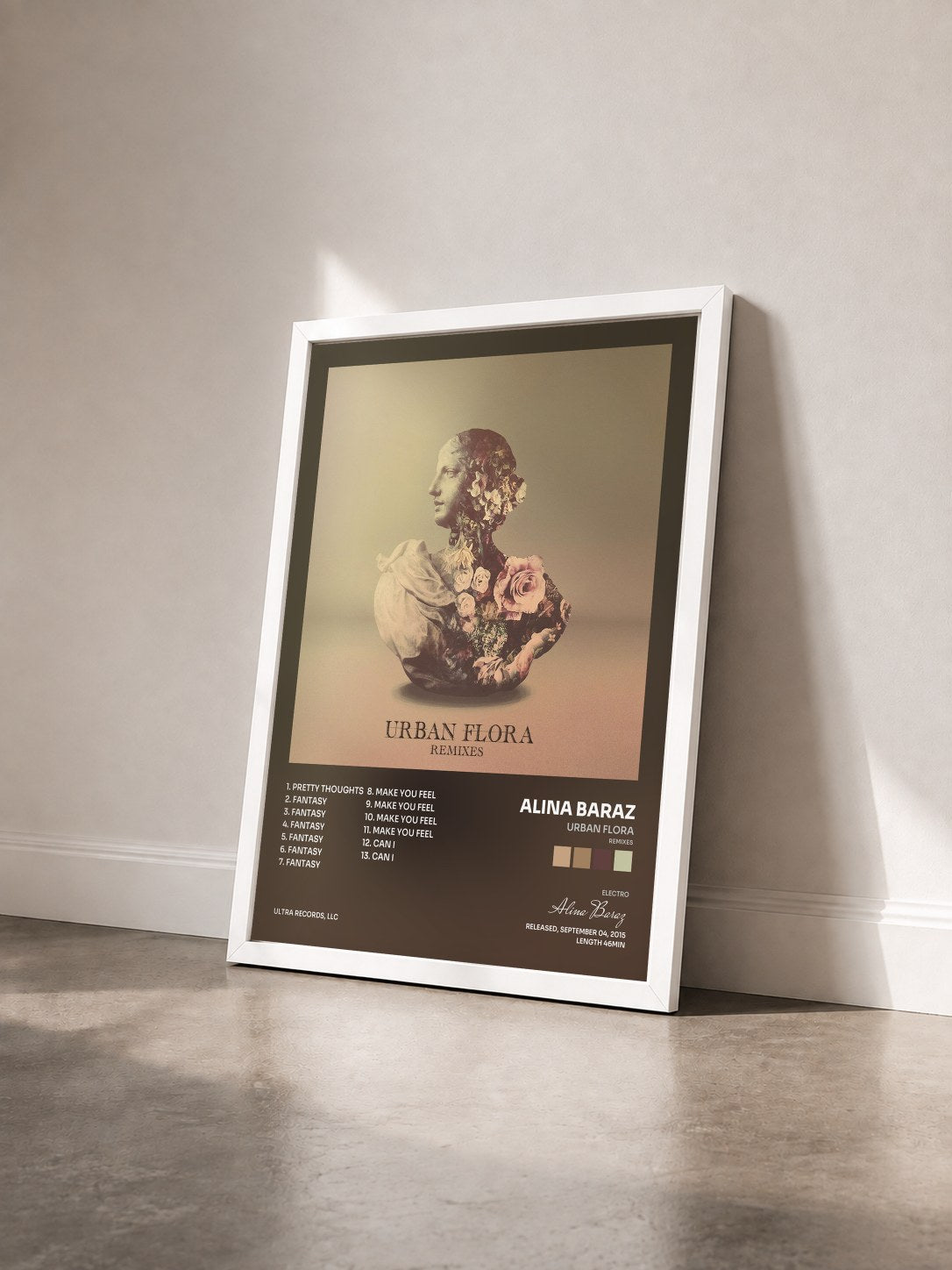 #blanc Tableau de l'album Urban Flora (Remixes) de Alina Baraz vu de trois quarts, cadre blanc