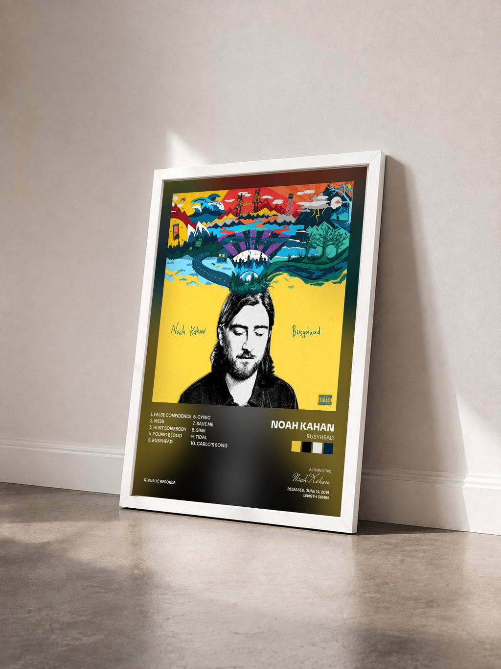 #blanc Tableau de l'album Busyhead de Noah Kahan vu de trois quarts, cadre blanc
