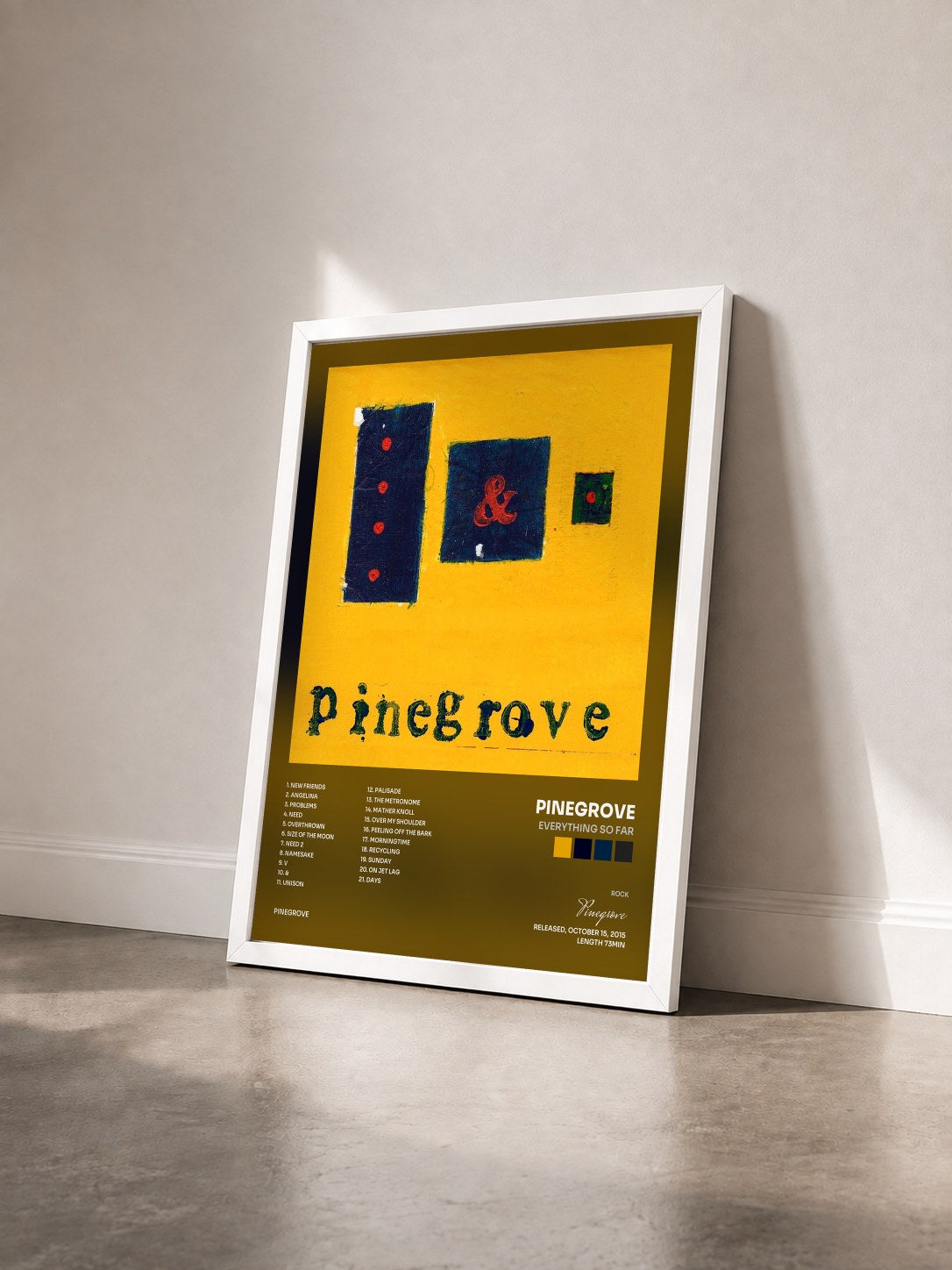 #blanc Tableau de l'album Everything So Far de Pinegrove vu de trois quarts, cadre blanc