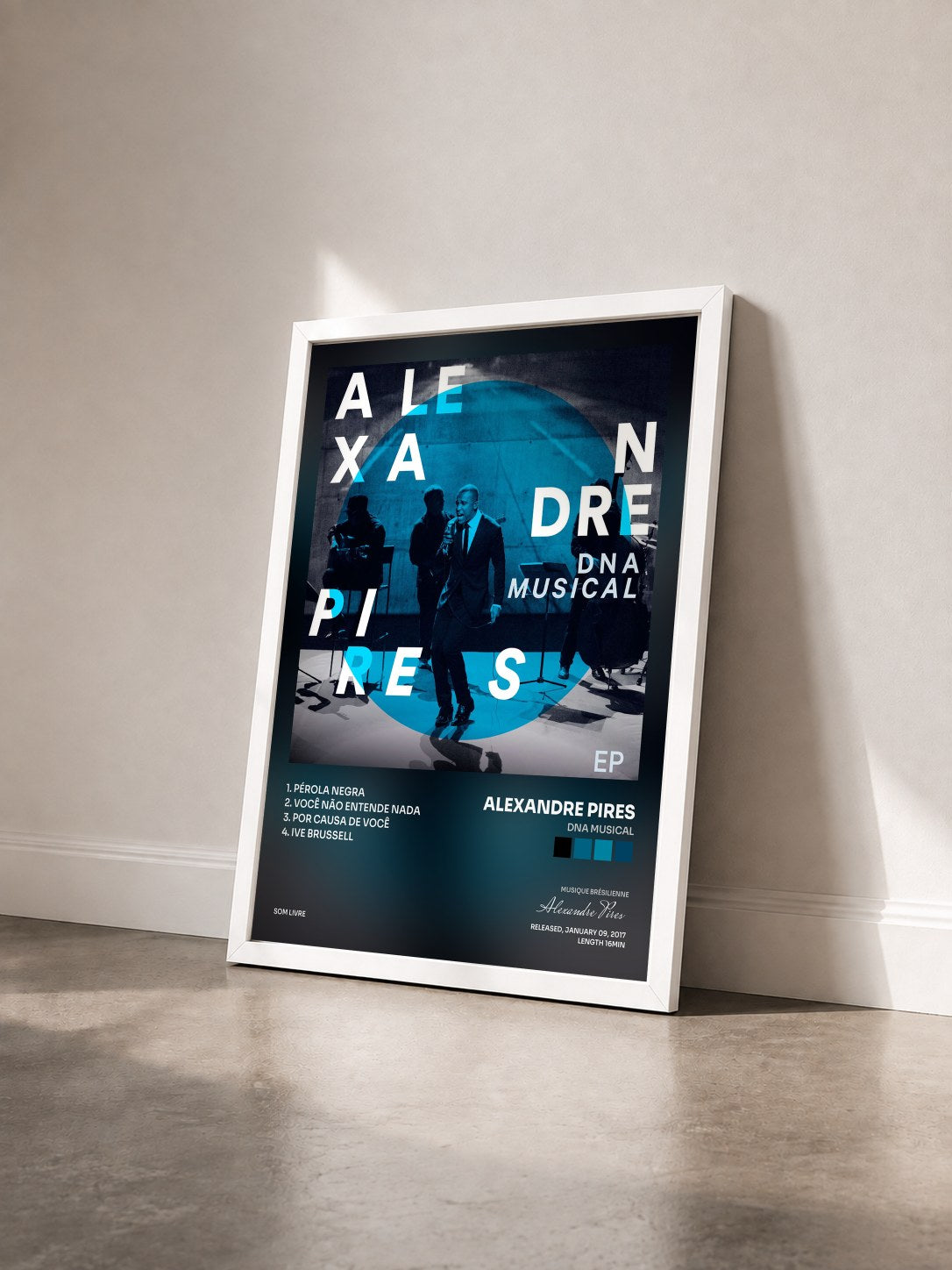 #blanc Tableau de l'album DNA Musical de Alexandre Pires vu de trois quarts, cadre blanc