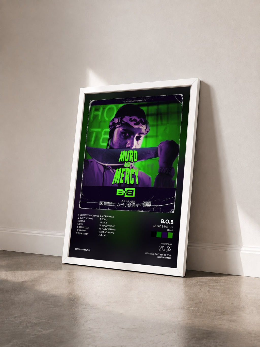 #blanc Tableau de l'album Murd & Mercy (Deluxe) de B.o.B vu de trois quarts, cadre blanc