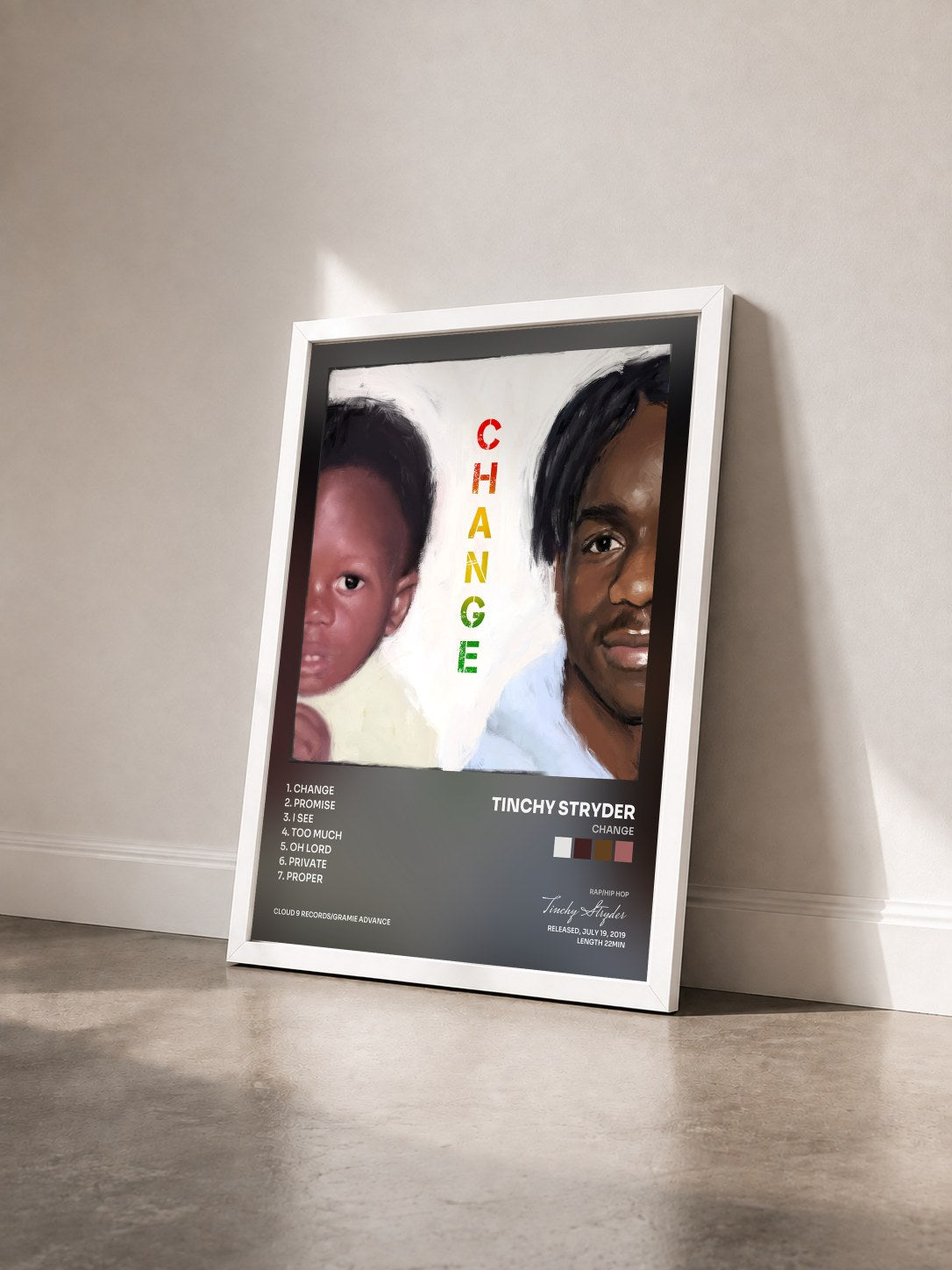#blanc Tableau de l'album Change de Tinchy Stryder vu de trois quarts, cadre blanc