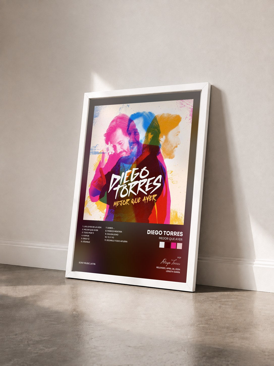 #blanc Tableau de l'album Mejor Que Ayer de Diego Torres vu de trois quarts, cadre blanc