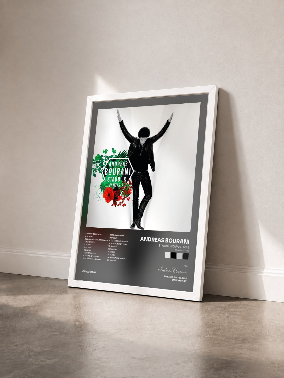 #blanc Tableau de l'album Staub und Fantasie (Deluxe Version) de Andreas Bourani vu de trois quarts, cadre blanc