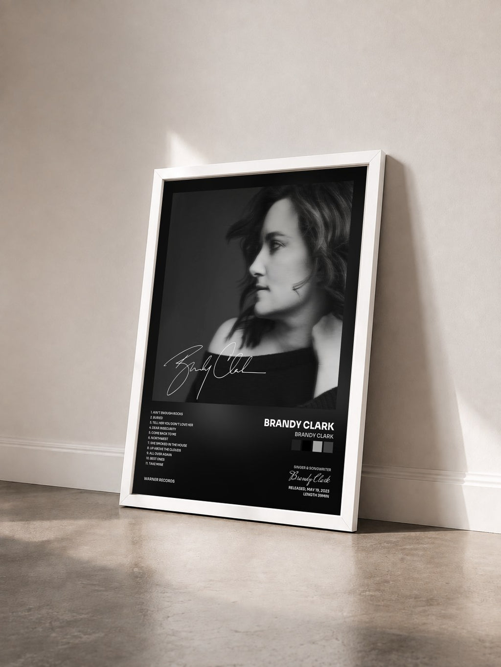 #blanc Brandy Clark by Brandy Clark as a framed art print seen at an angle, white frame