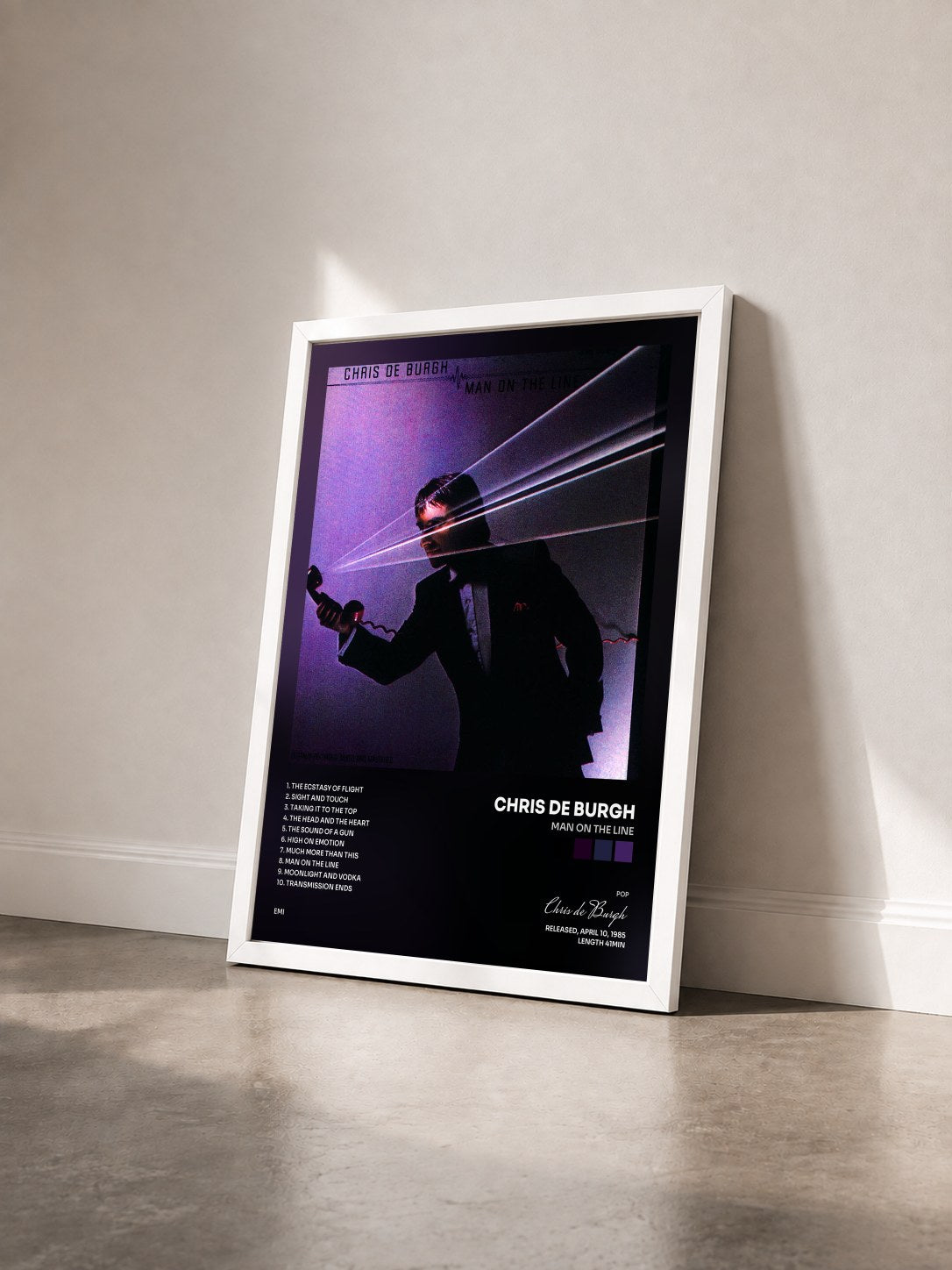 #blanc Tableau de l'album Man On The Line de Chris de Burgh vu de trois quarts, cadre blanc
