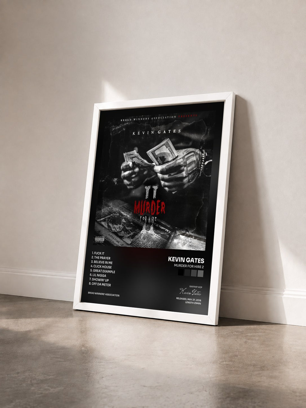 #blanc Tableau de l'album Murder for Hire 2 de Kevin Gates vu de trois quarts, cadre blanc
