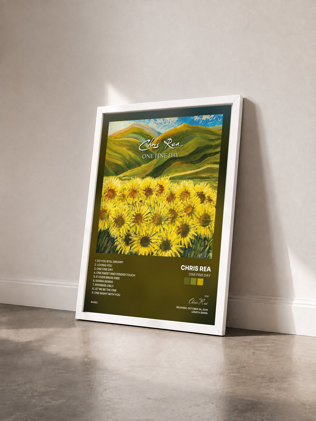 #blanc Tableau de l'album One Fine Day de Chris Rea vu de trois quarts, cadre blanc