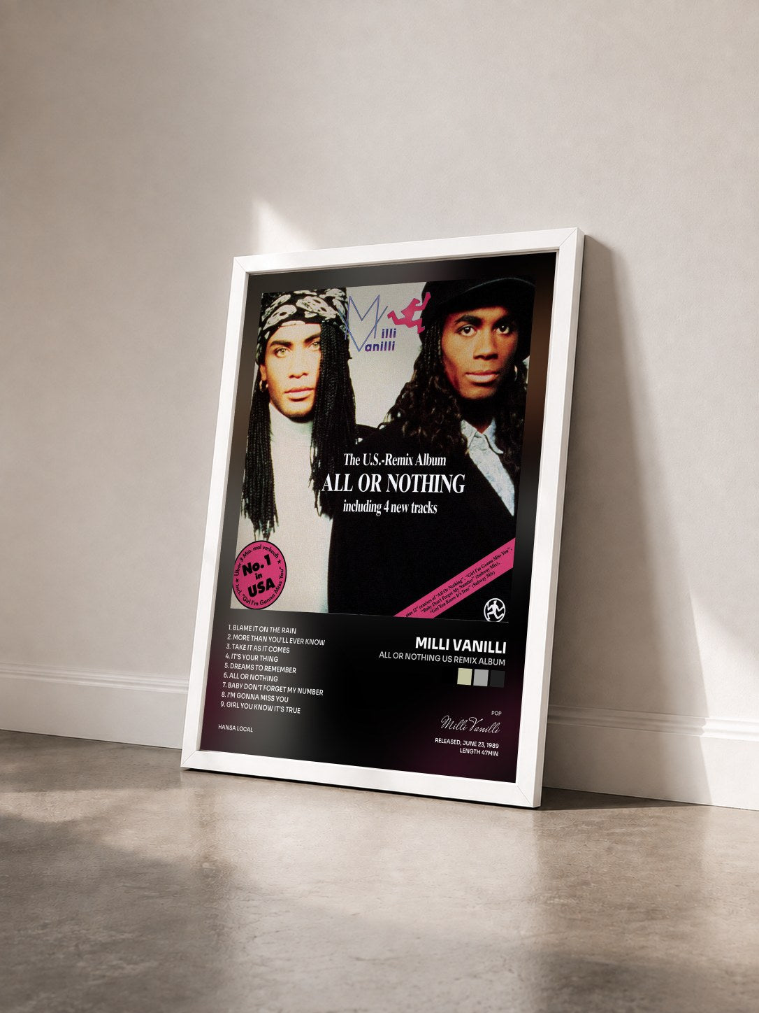 #blanc Tableau de l'album All Or Nothing US Remix Album de Milli Vanilli vu de trois quarts, cadre blanc