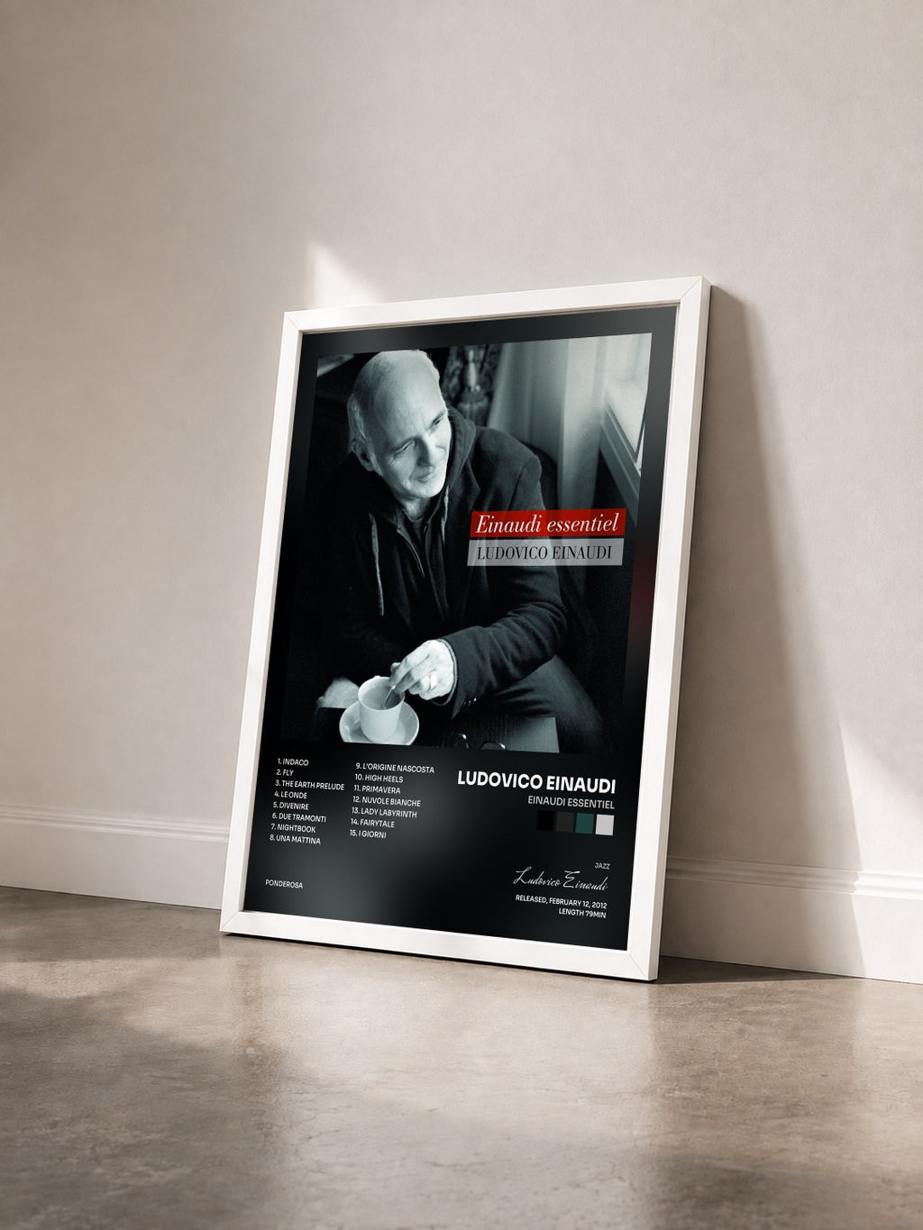 #blanc Tableau de l'album Einaudi essentiel de Ludovico Einaudi vu de trois quarts, cadre blanc