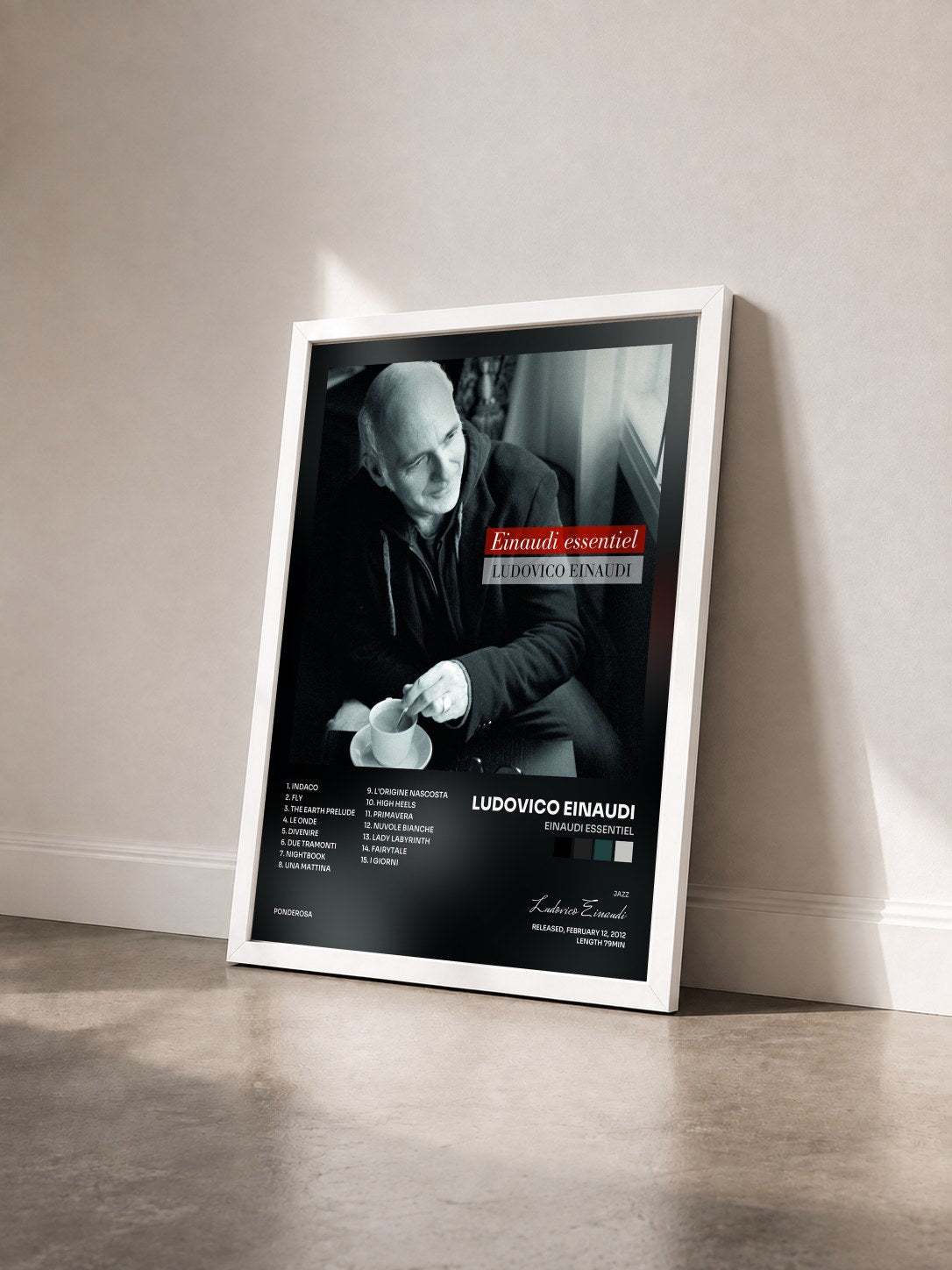 #blanc Tableau de l'album Einaudi essentiel de Ludovico Einaudi vu de trois quarts, cadre blanc