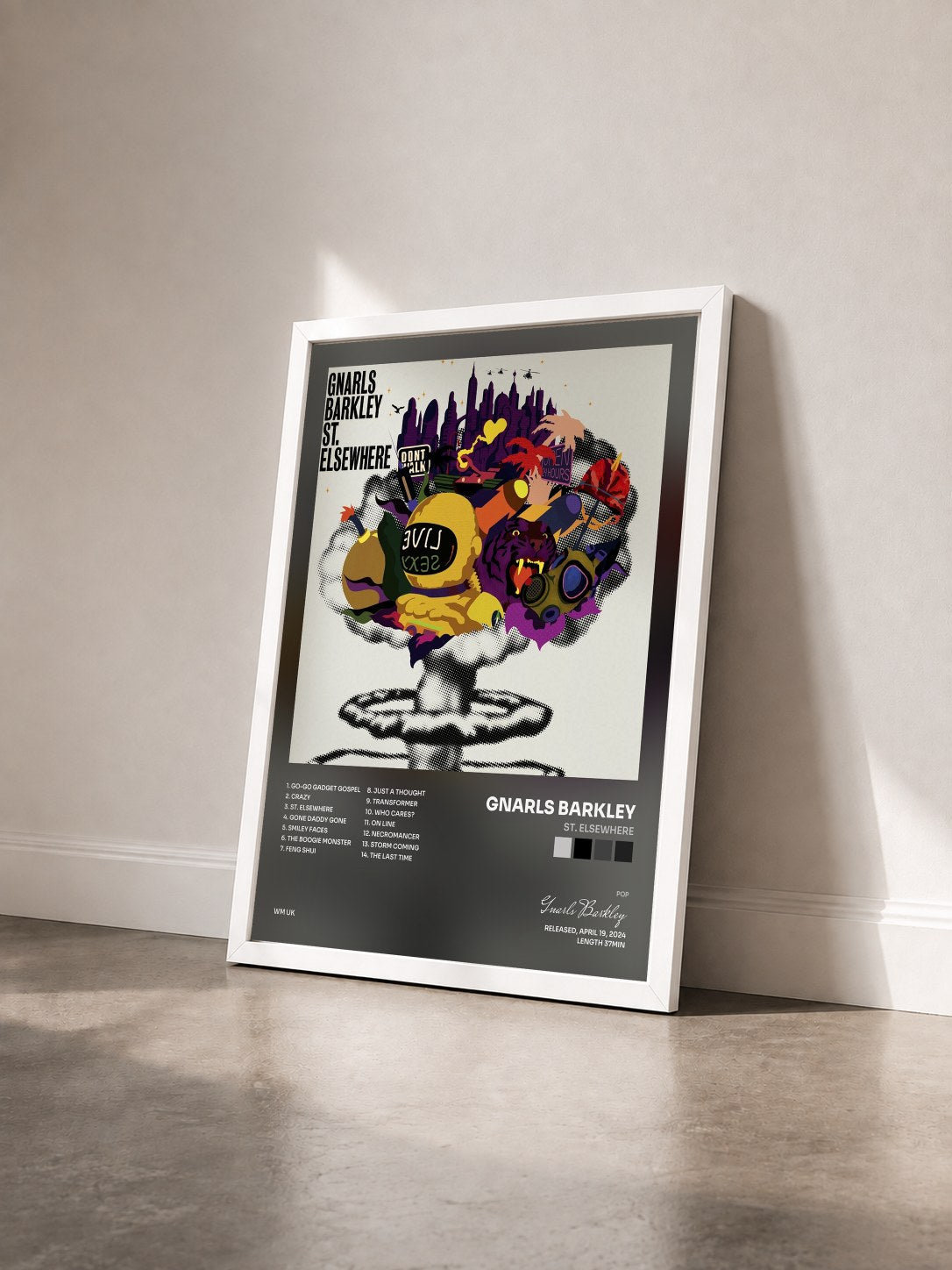 #blanc Tableau de l'album St. Elsewhere de Gnarls Barkley vu de trois quarts, cadre blanc