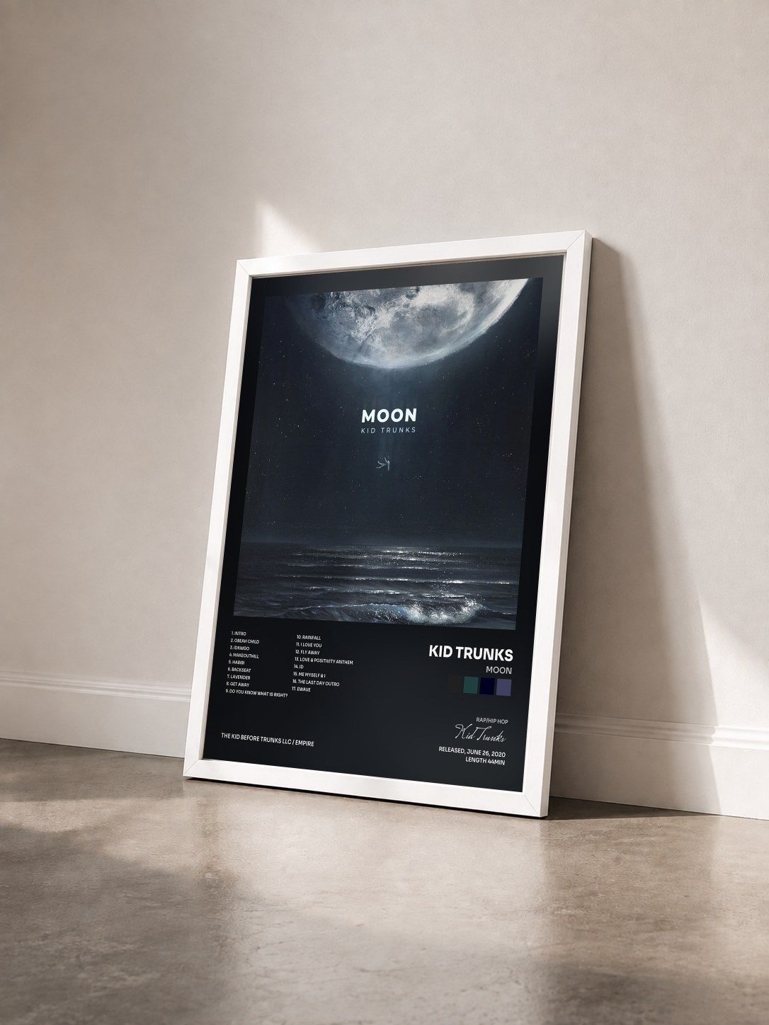 #blanc Tableau de l'album Moon de Kid Trunks vu de trois quarts, cadre blanc