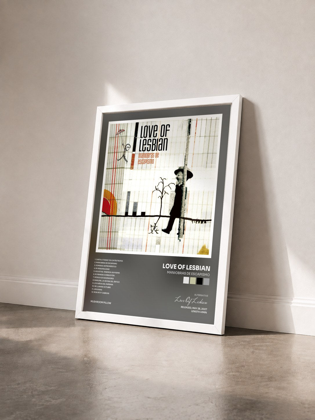 #blanc Tableau de l'album Maniobras de Escapismo de Love Of Lesbian vu de trois quarts, cadre blanc