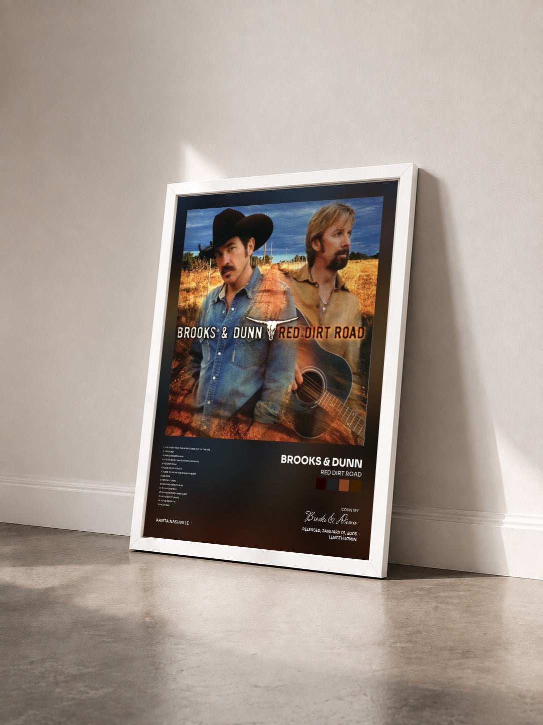 #blanc Tableau de l'album Red Dirt Road de Brooks & Dunn vu de trois quarts, cadre blanc