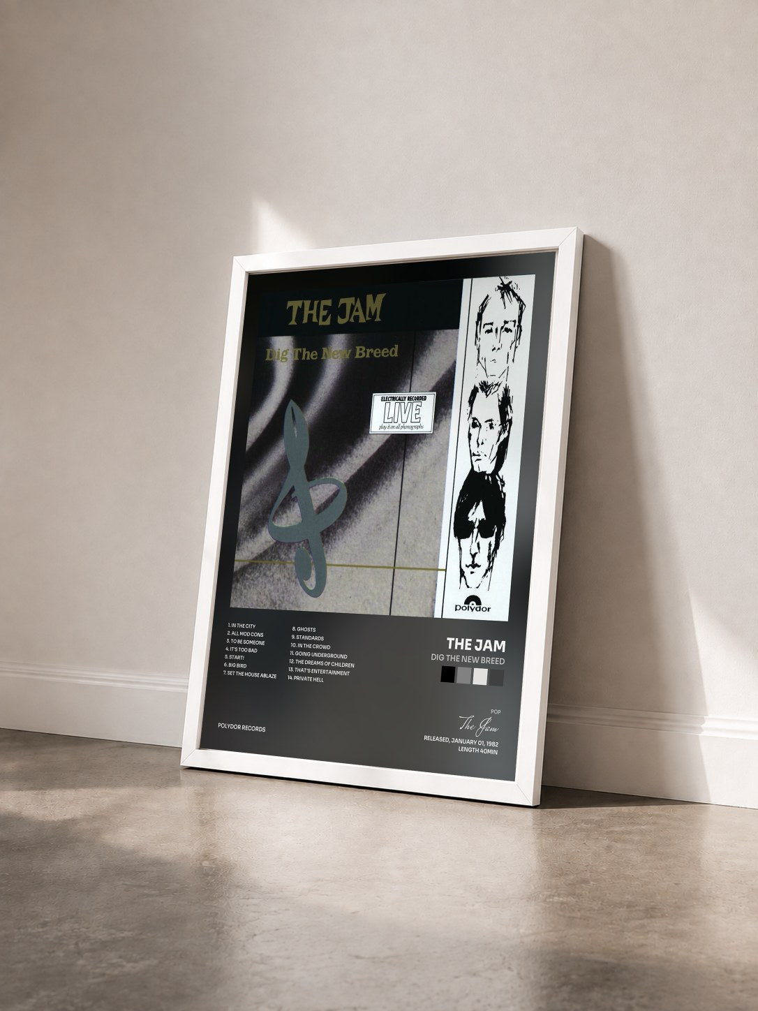 #blanc Tableau de l'album Dig The New Breed de The Jam vu de trois quarts, cadre blanc
