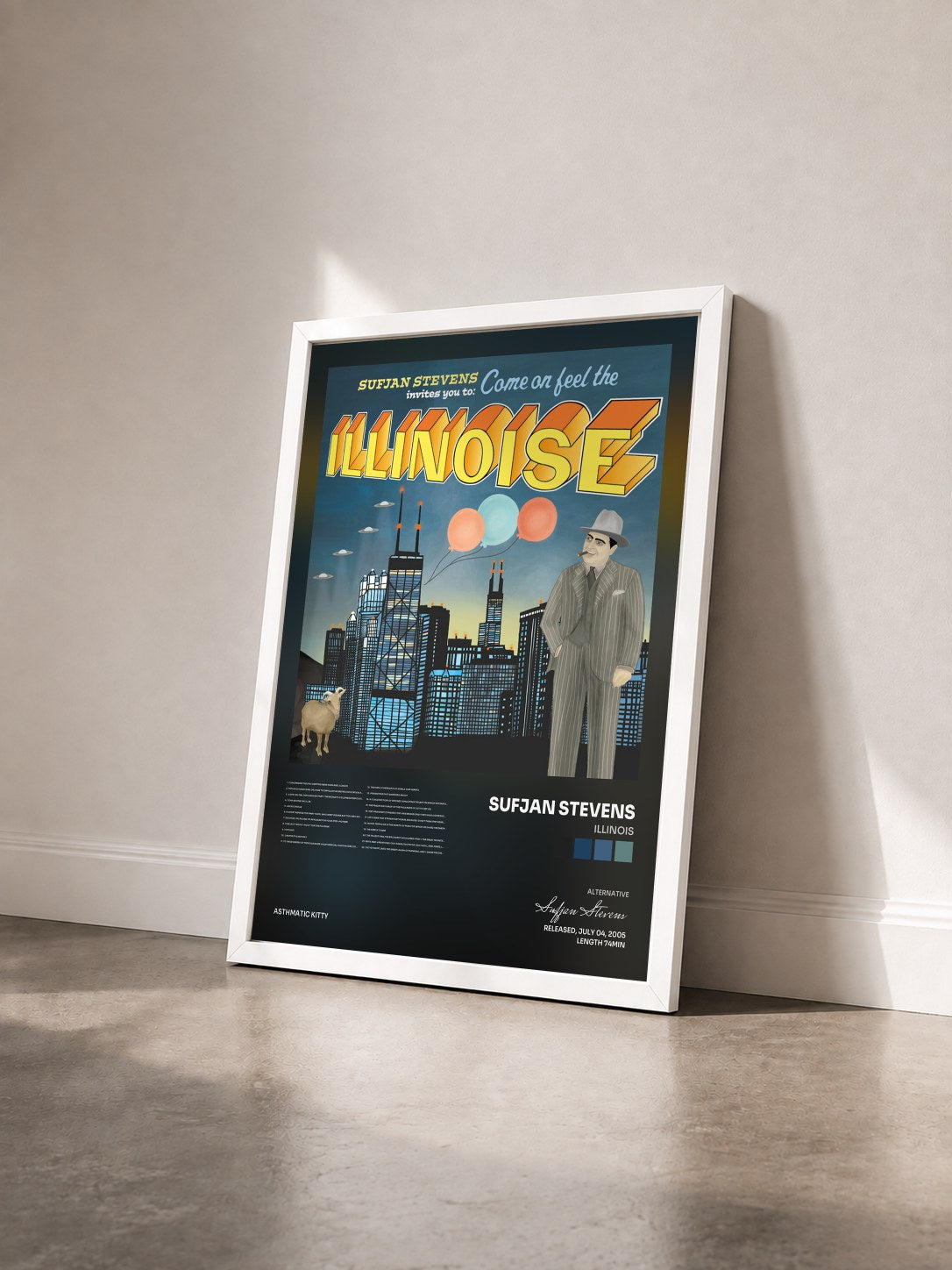 #blanc Tableau de l'album Illinois de Sufjan Stevens vu de trois quarts, cadre blanc