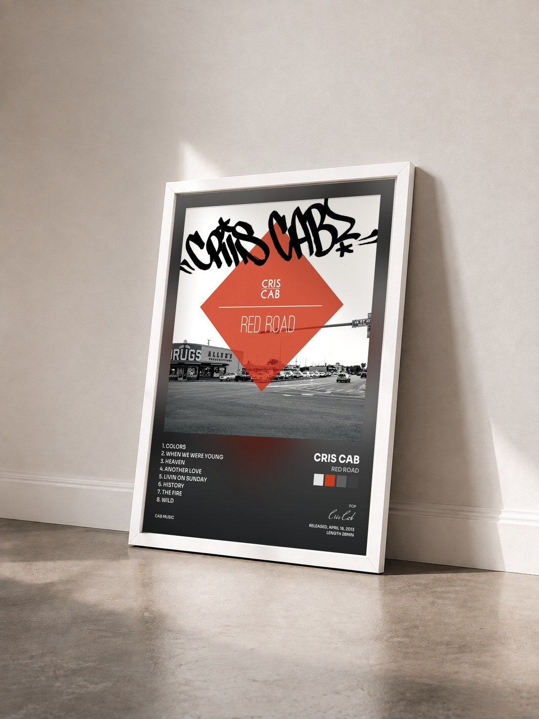 #blanc Tableau de l'album Red Road de Cris Cab vu de trois quarts, cadre blanc