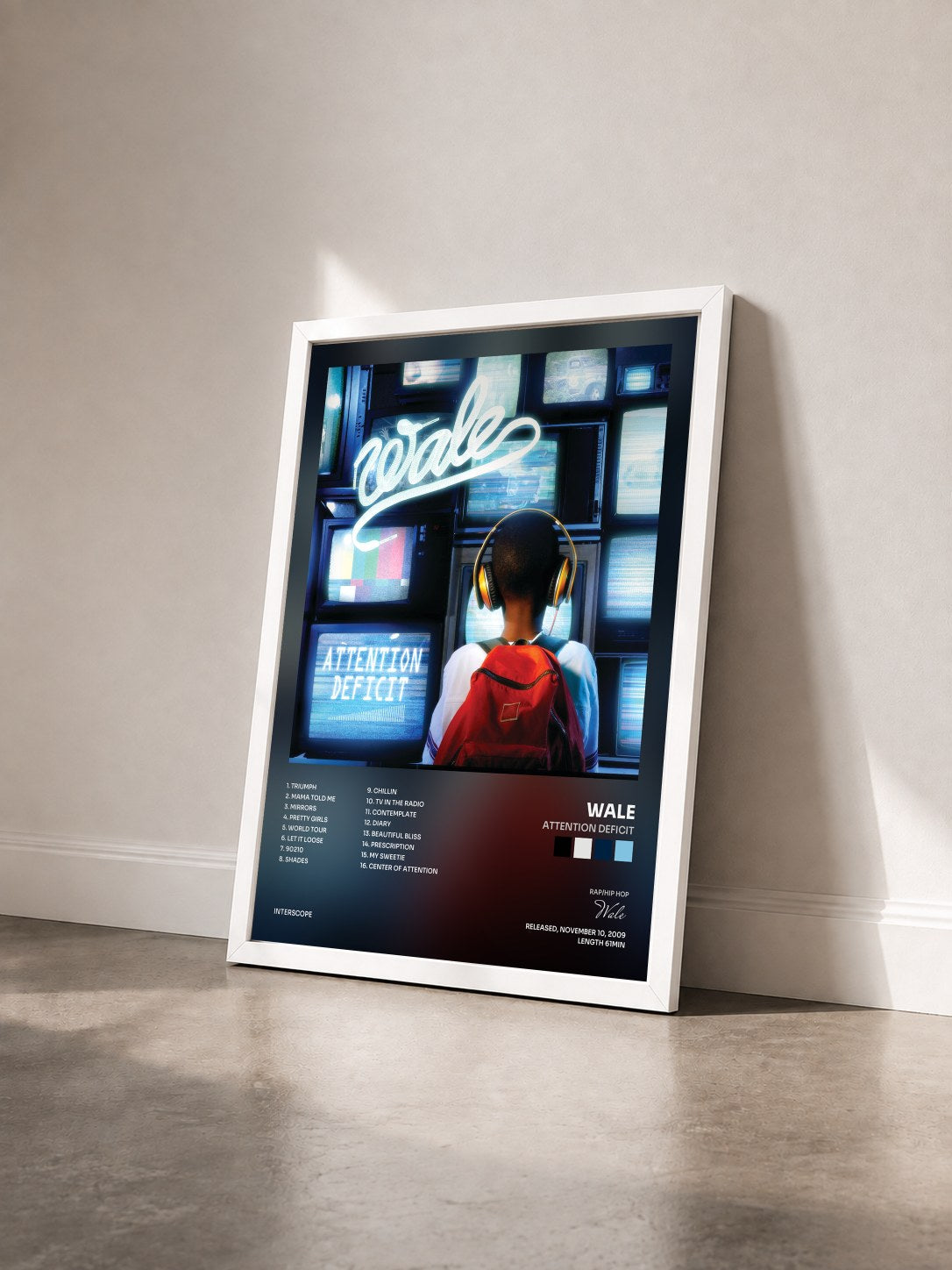 #blanc Tableau de l'album Attention Deficit de Wale vu de trois quarts, cadre blanc