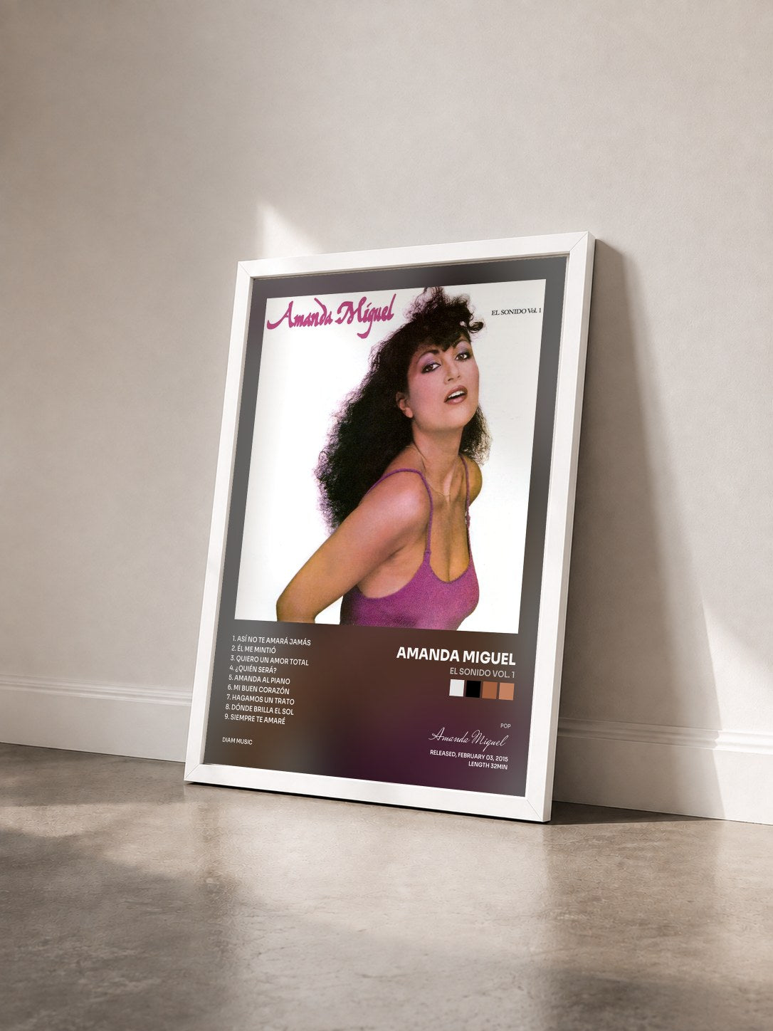#blanc Tableau de l'album El Sonido Vol. 1 de Amanda Miguel vu de trois quarts, cadre blanc