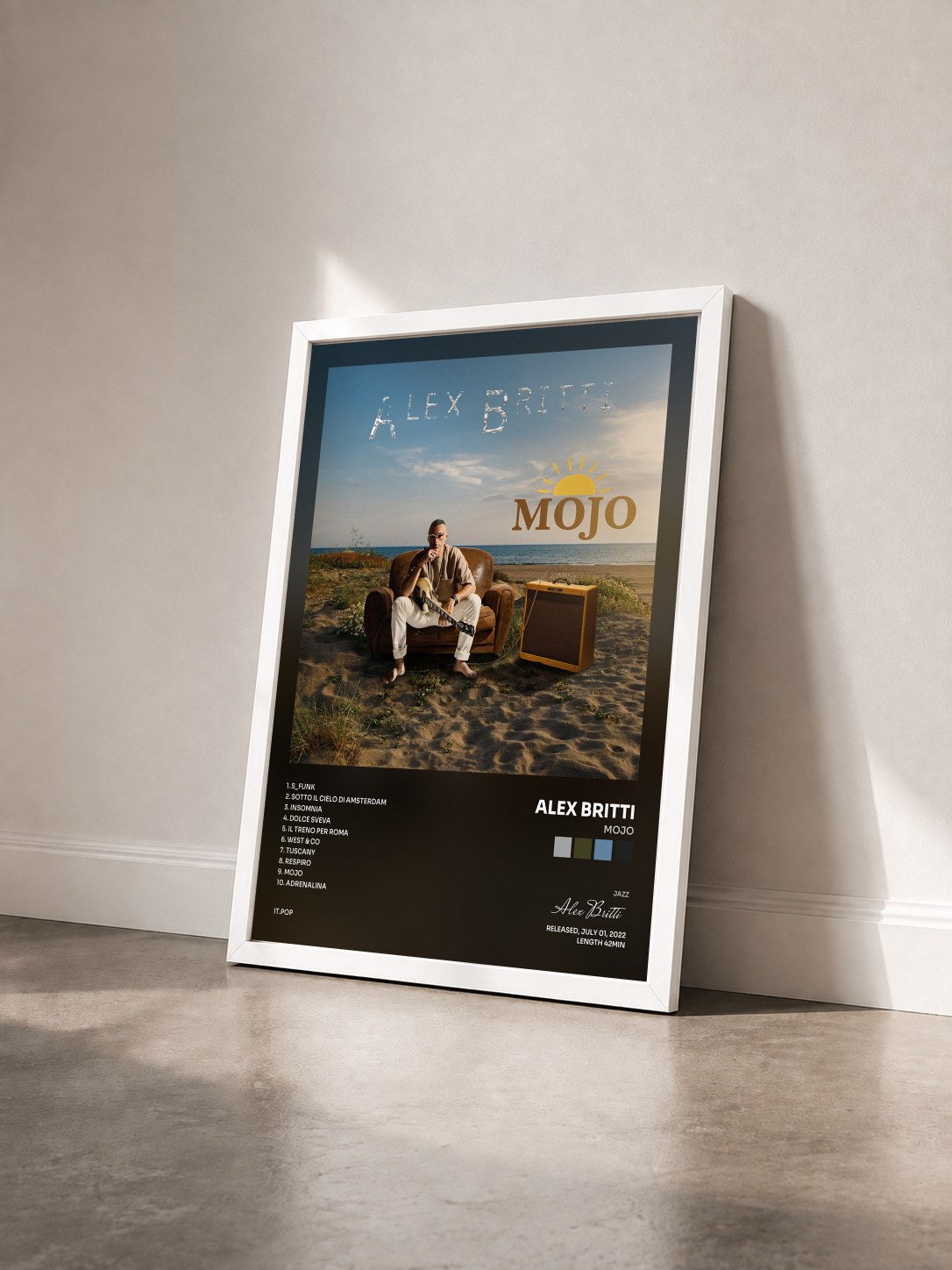 #blanc Tableau de l'album Mojo de Alex Britti vu de trois quarts, cadre blanc