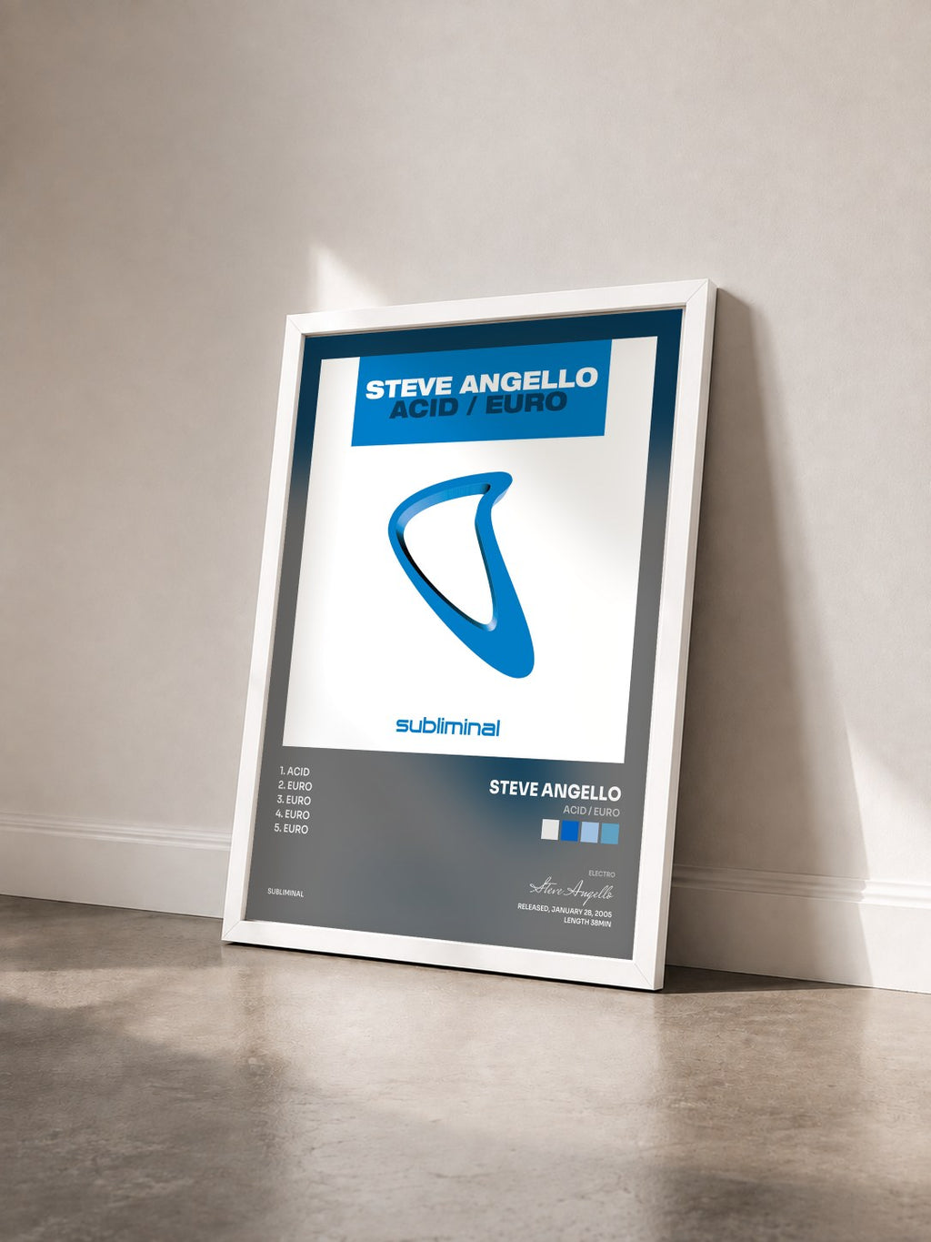 #blanc Tableau de l'album Acid / Euro de Steve Angello vu de trois quarts, cadre blanc