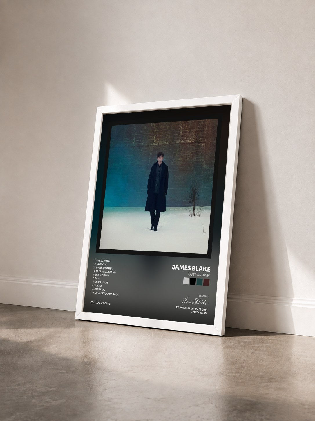 #blanc Tableau de l'album Overgrown de James Blake vu de trois quarts, cadre blanc