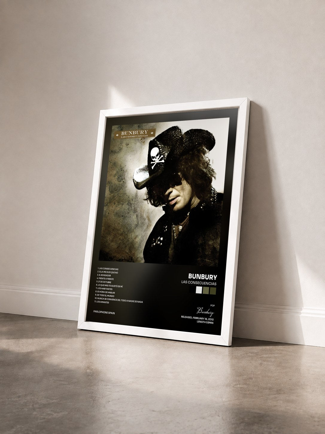 #blanc Tableau de l'album Las Consecuencias de Bunbury vu de trois quarts, cadre blanc