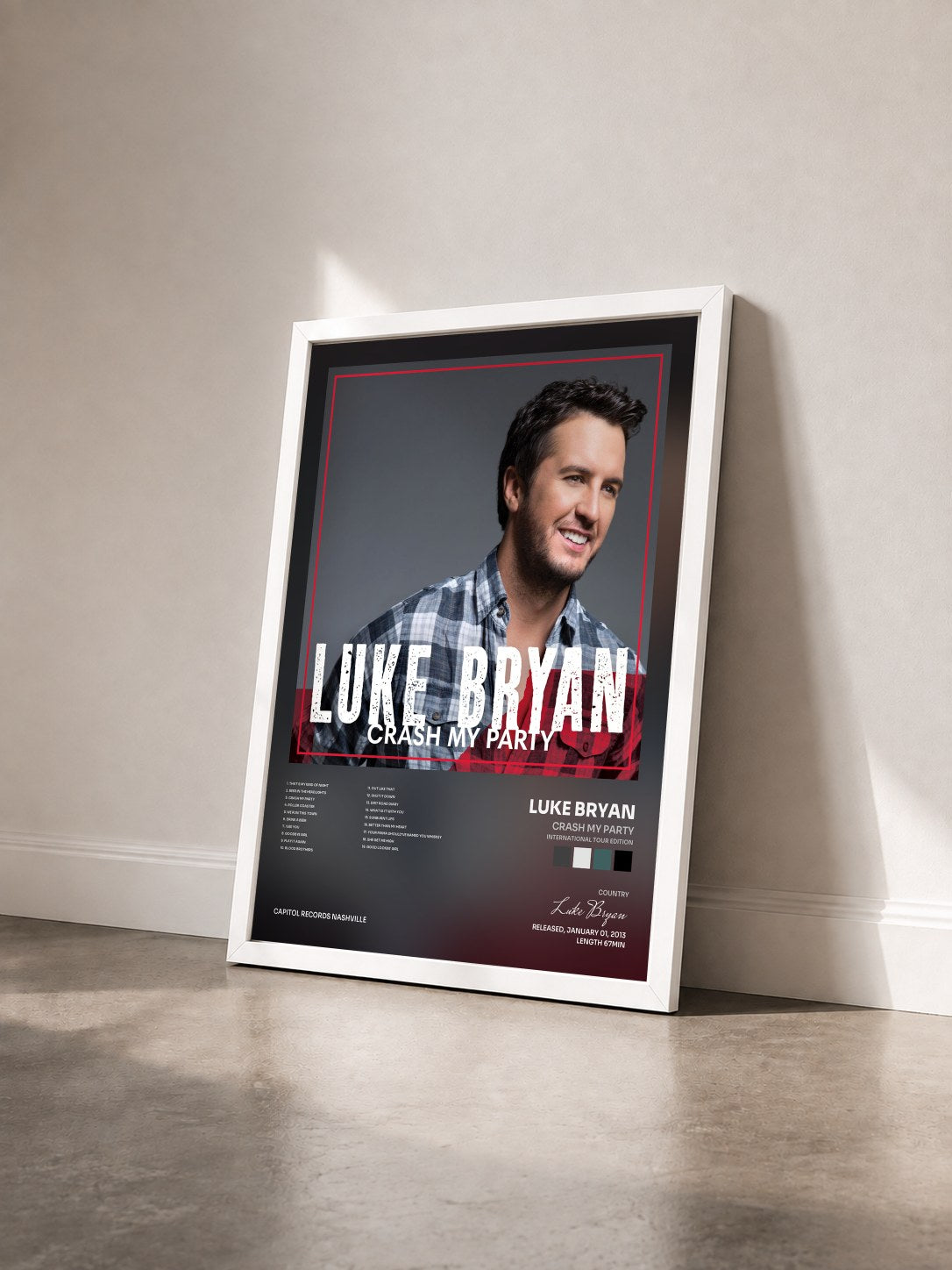 #blanc Tableau de l'album Crash My Party (International Tour Edition) de Luke Bryan vu de trois quarts, cadre blanc