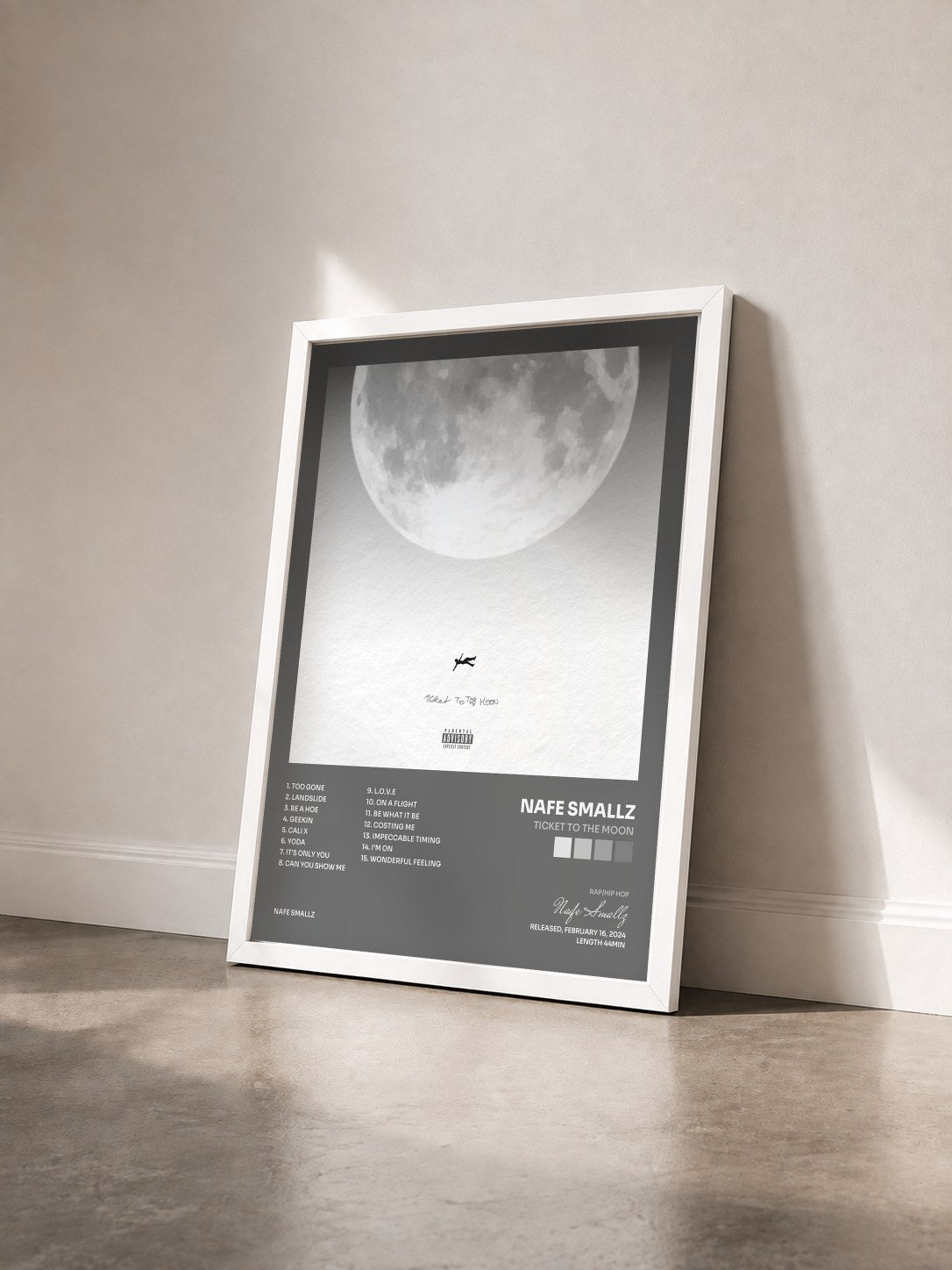 #blanc Tableau de l'album Ticket To The Moon de Nafe Smallz vu de trois quarts, cadre blanc