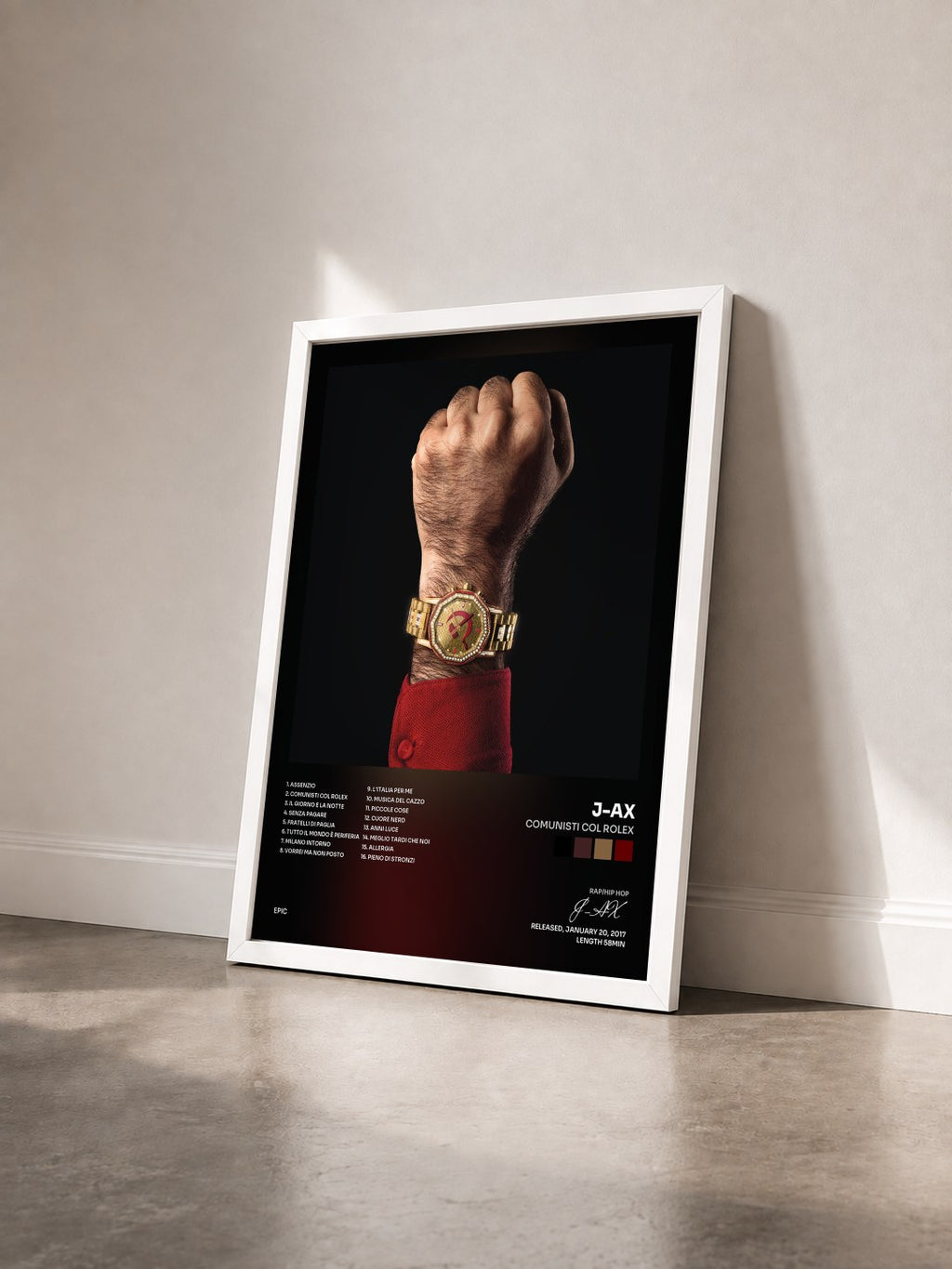 #blanc Tableau de l'album Comunisti col Rolex de J-AX vu de trois quarts, cadre blanc