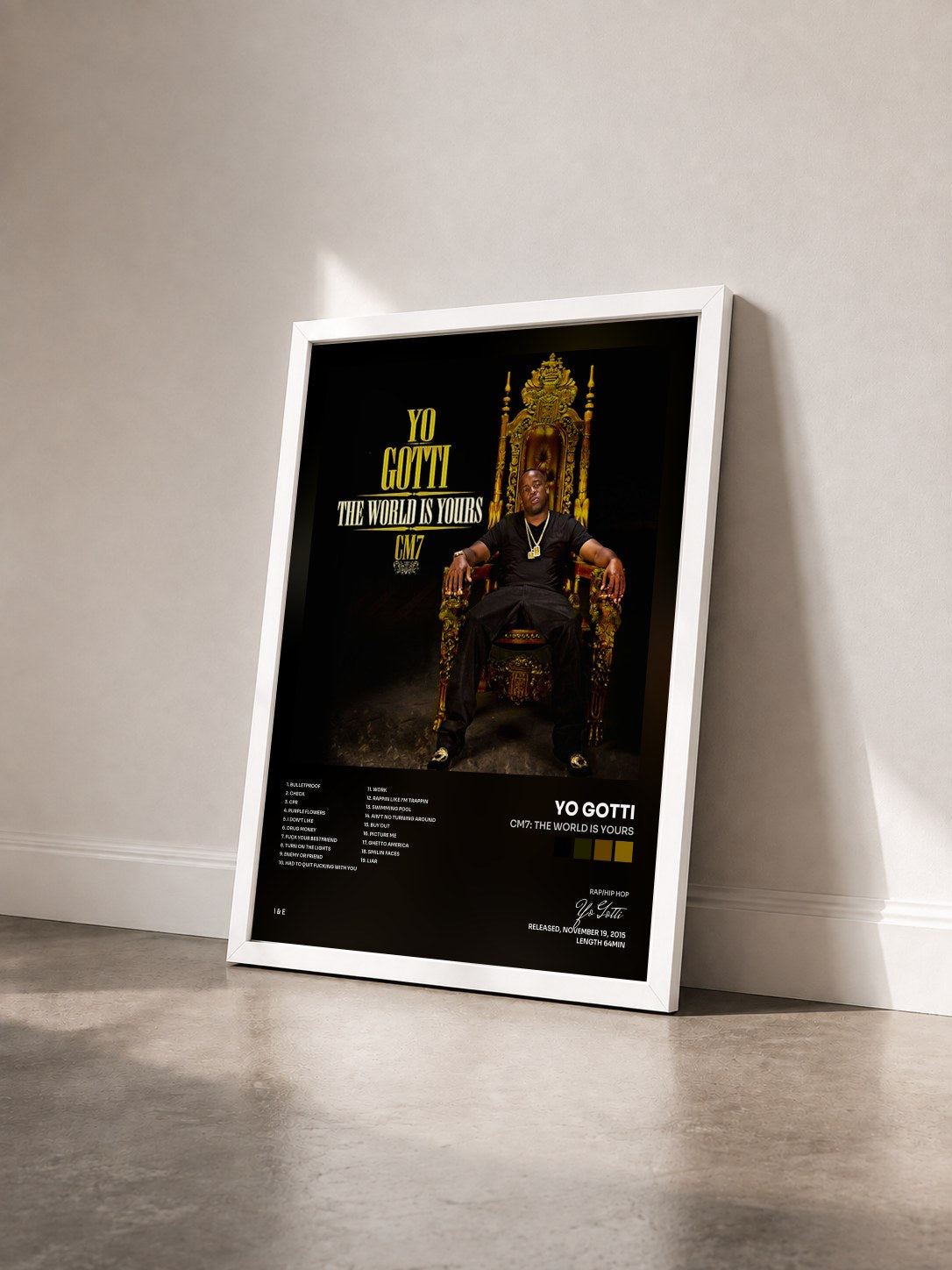 #blanc Tableau de l'album CM7: The World Is Yours de Yo Gotti vu de trois quarts, cadre blanc
