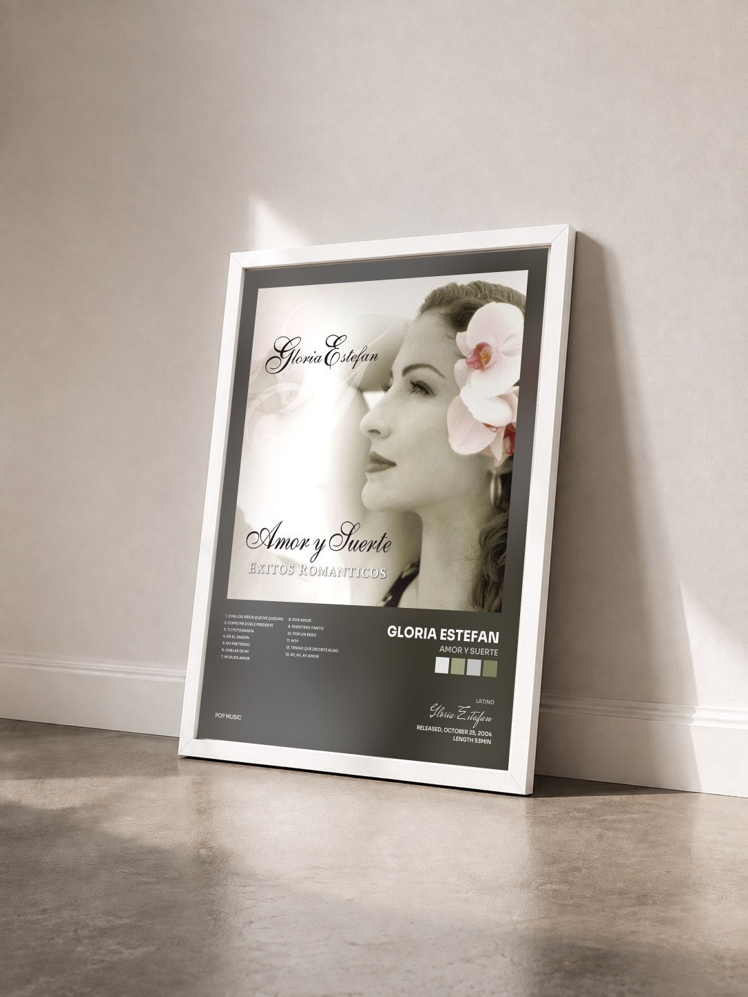 #blanc Tableau de l'album Amor Y Suerte de Gloria Estefan vu de trois quarts, cadre blanc