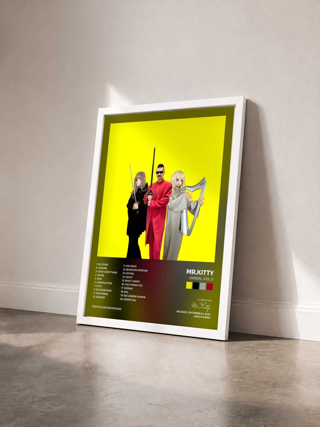 #blanc Tableau de l'album Unreal, Vol. 2 de Mr.Kitty vu de trois quarts, cadre blanc