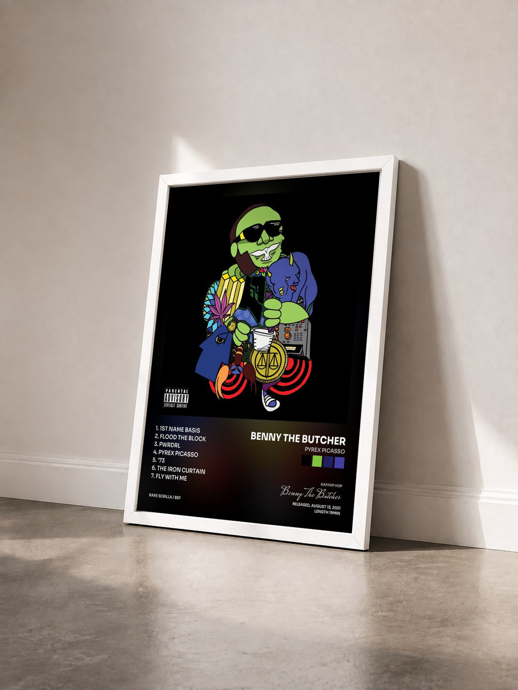 #blanc Tableau de l'album Pyrex Picasso de Benny The Butcher vu de trois quarts, cadre blanc