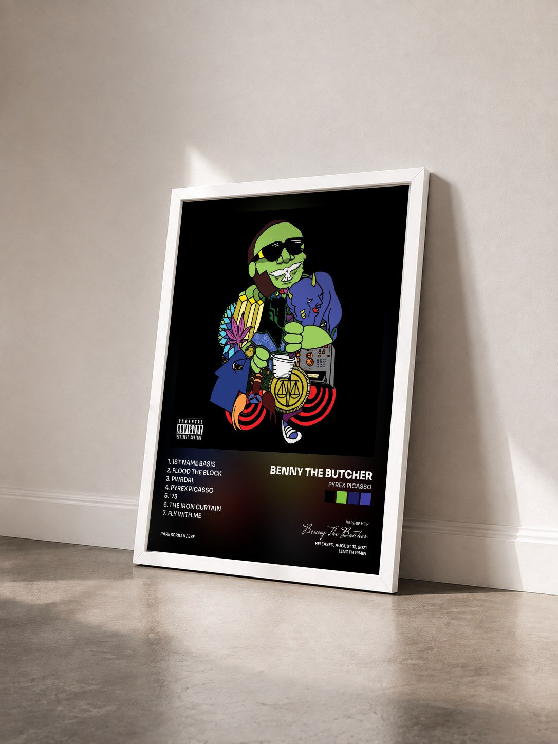 #blanc Tableau de l'album Pyrex Picasso de Benny The Butcher vu de trois quarts, cadre blanc