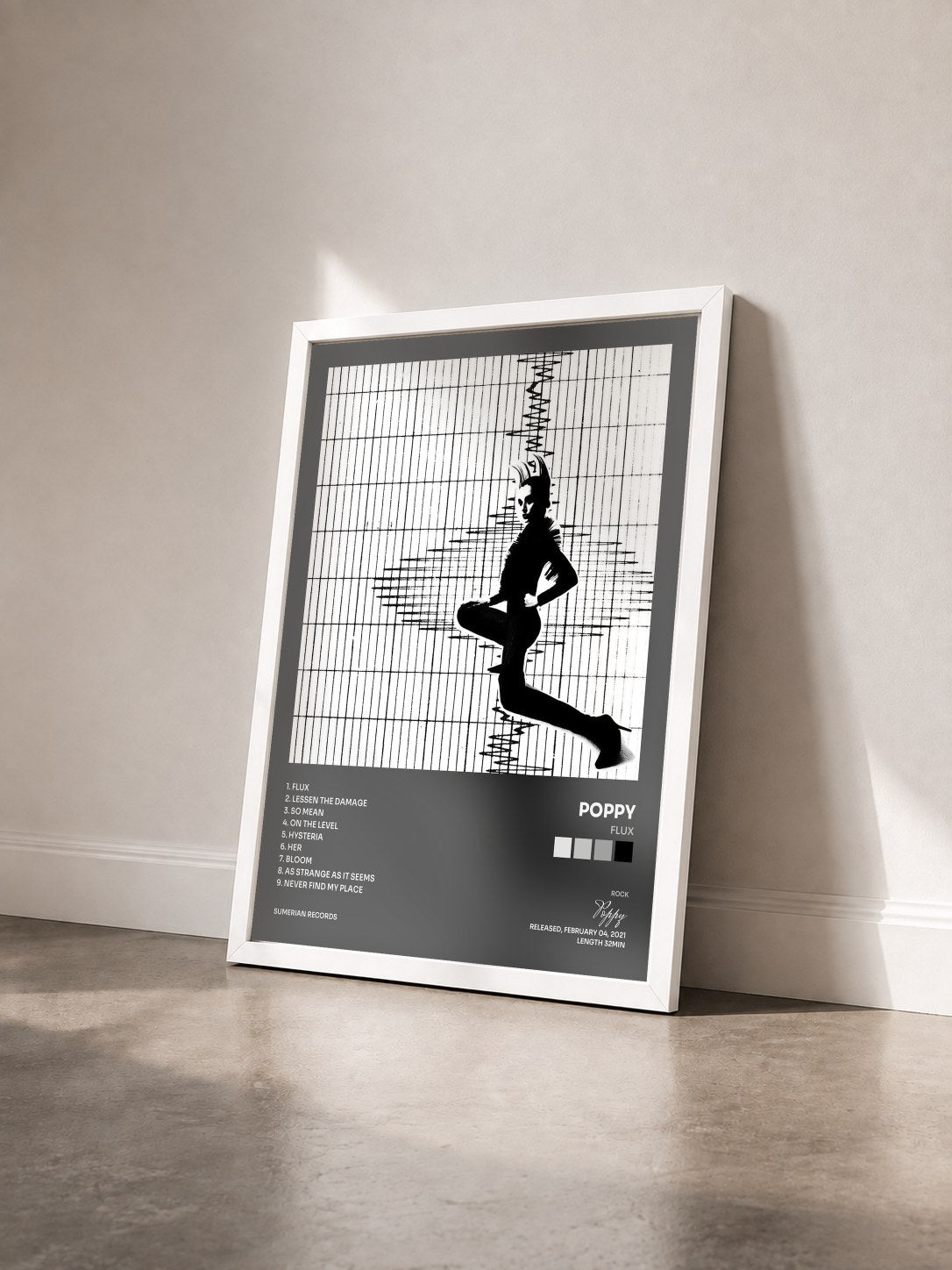 #blanc Tableau de l'album Flux de Poppy vu de trois quarts, cadre blanc