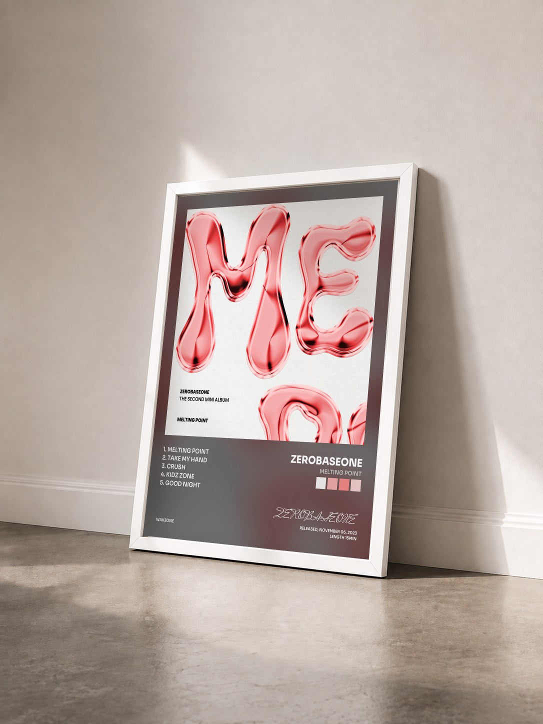 #blanc Tableau de l'album MELTING POINT de ZEROBASEONE vu de trois quarts, cadre blanc