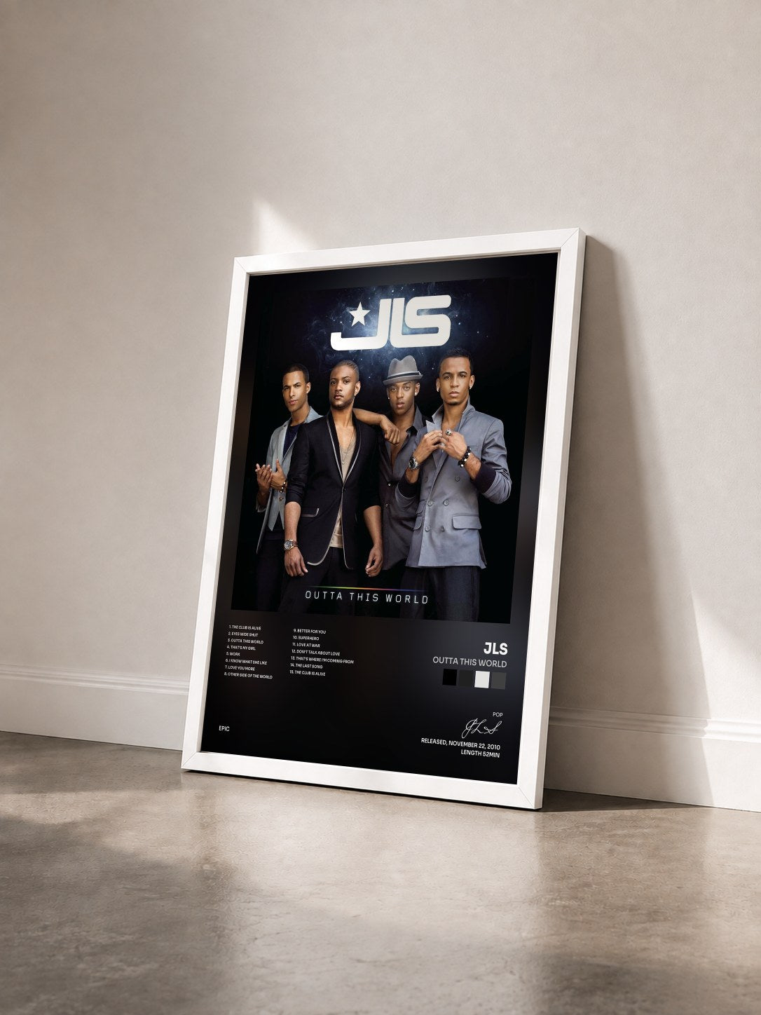 #blanc Tableau de l'album Outta This World de JLS vu de trois quarts, cadre blanc