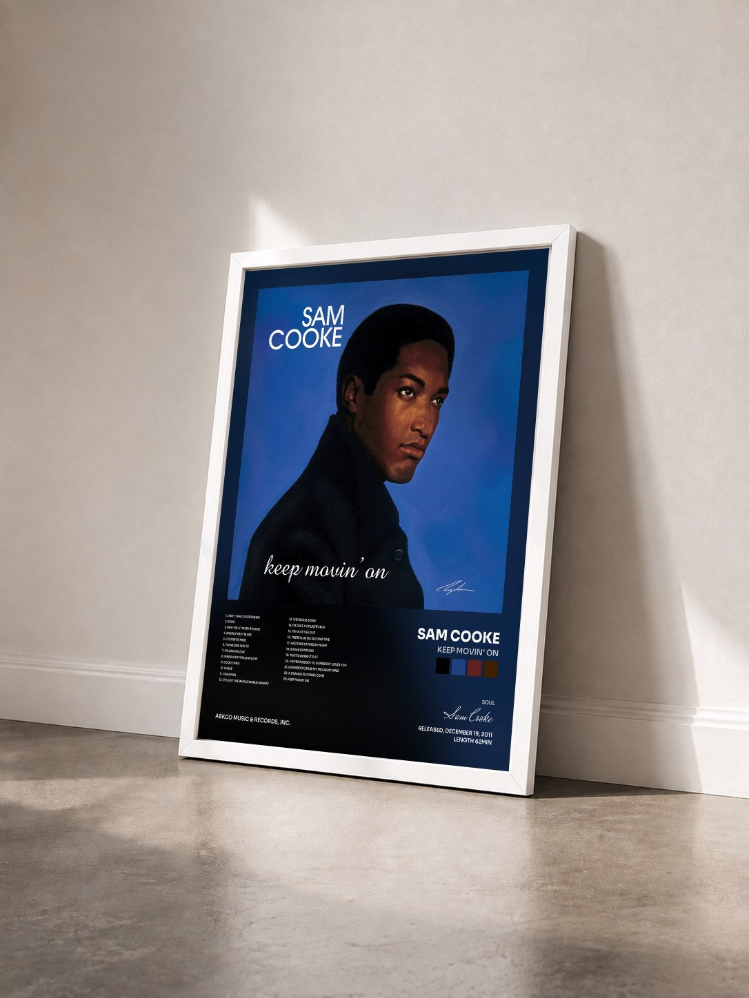 #blanc Tableau de l'album Keep Movin' On de Sam Cooke vu de trois quarts, cadre blanc