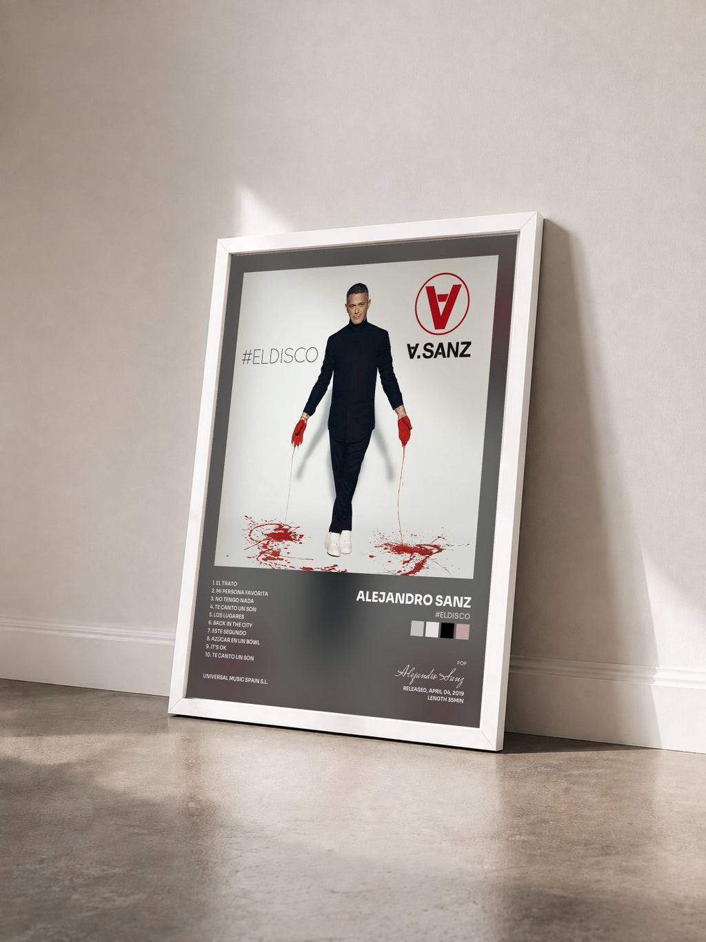 #blanc Tableau de l'album #ELDISCO de Alejandro Sanz vu de trois quarts, cadre blanc