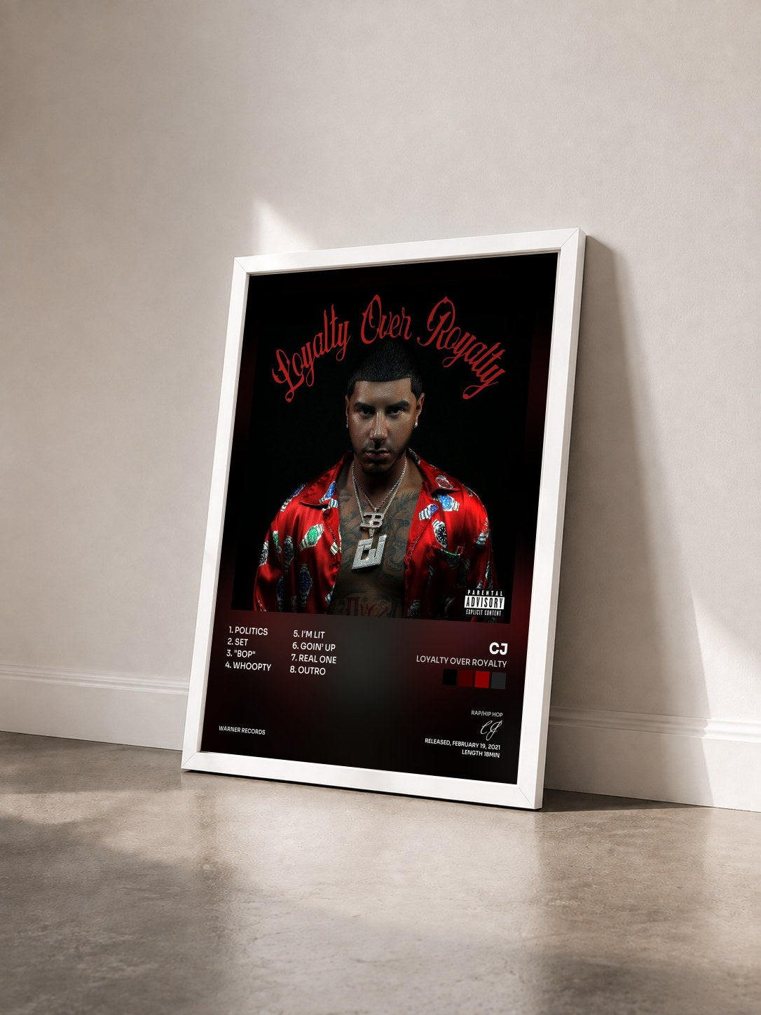 #blanc Tableau de l'album Loyalty Over Royalty de CJ vu de trois quarts, cadre blanc