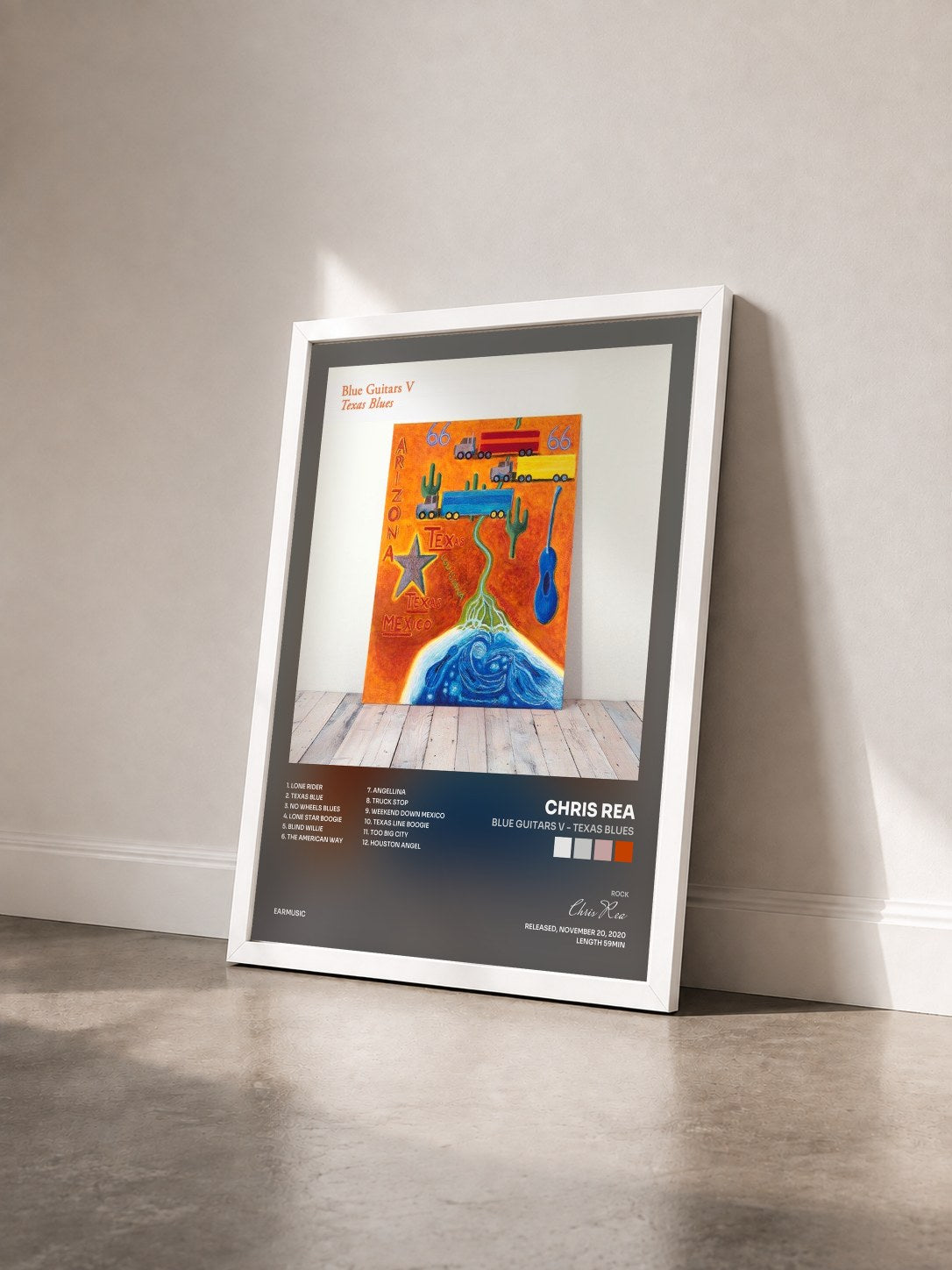 #blanc Tableau de l'album Blue Guitars V - Texas Blues de Chris Rea vu de trois quarts, cadre blanc