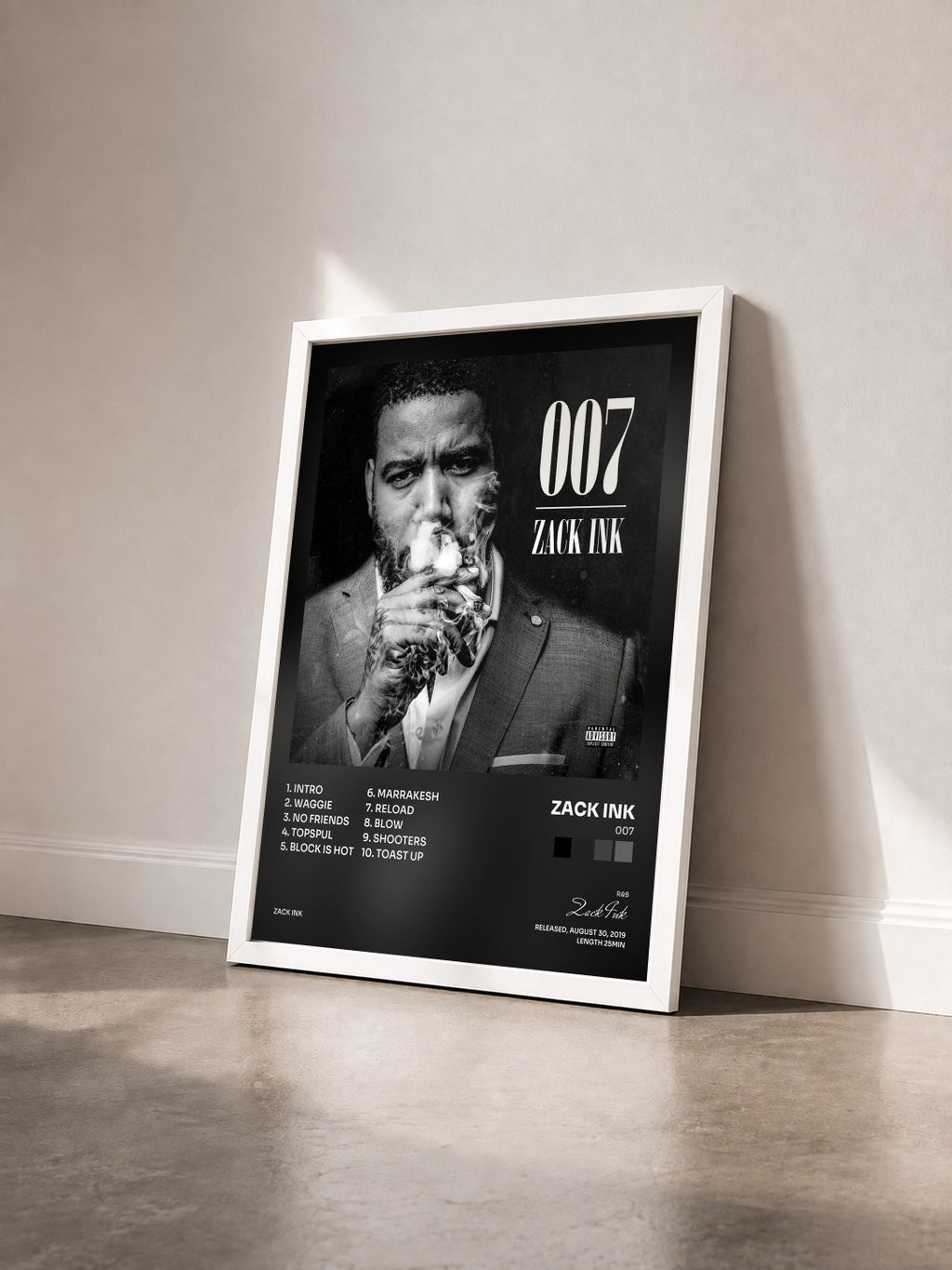 #blanc Tableau de l'album 007 de Zack Ink vu de trois quarts, cadre blanc